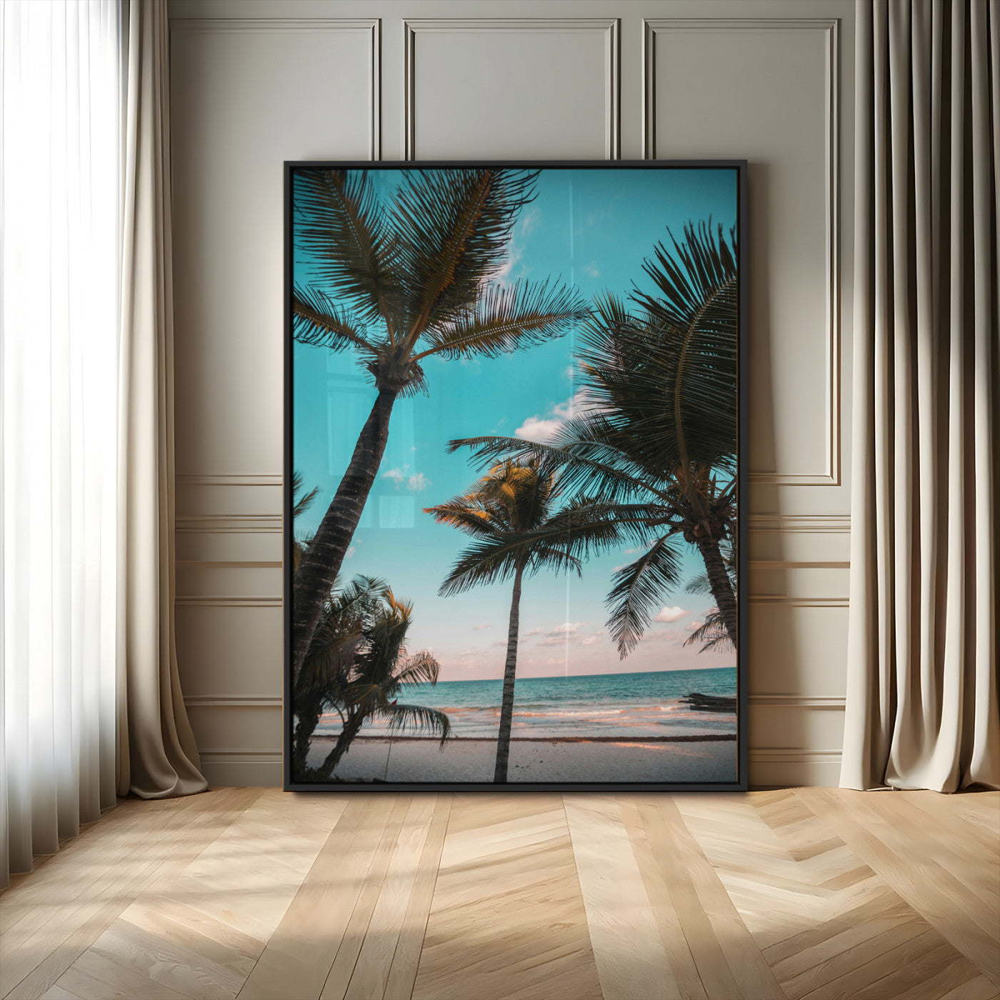 MGV-FP-48X32-3P - Palm Trees Wall Art Canvas Print, Framed Tropical Beach Art Picture Print, Ocean Breeze Perfect Tropical Coastal Decor Artwork