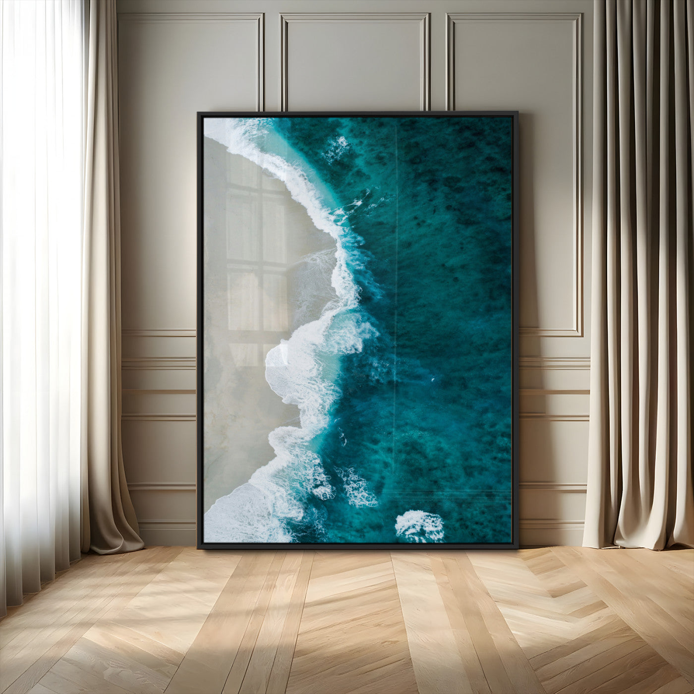 MGV-FP-48X32-3P - Aerial Ocean View Wall Art Canvas Print, Framed Coastal Serenity Art Picture Print, Turquoise Waves Perfect Modern Coastal Decor Artwork