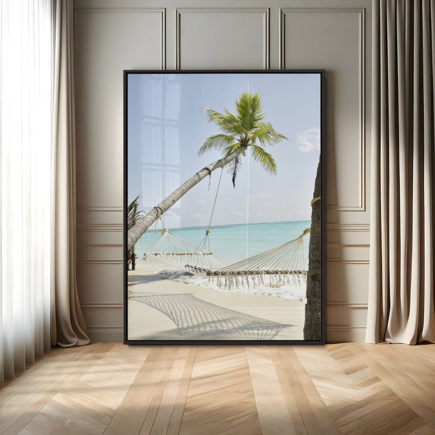 MGV-FP-48X32-3P - Beach Hammock Wall Art Canvas Print, Framed Tropical Paradise Art Picture Print, Coastal Serenity Perfect Boho Coastal Decor Artwork