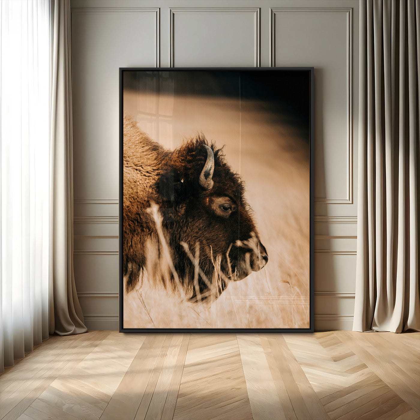 MGV-FP-48X32-3P - Bison Portrait Wall Art Canvas Print, Framed Western Landscape Art Picture Print, Prairie Serenity Perfect Modern Ranch Decor Decor Artwork