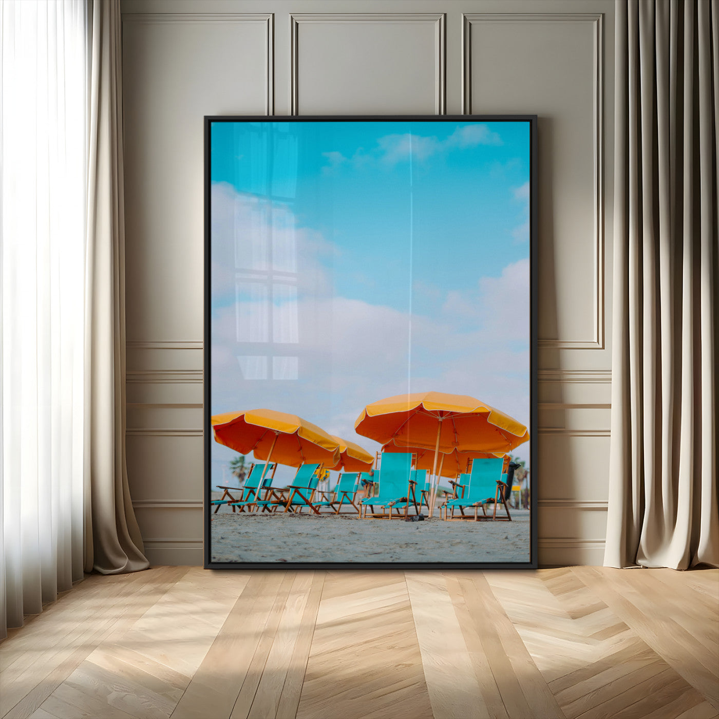 MGV-FP-48X32-3P - Beach Umbrellas Wall Art Canvas Print, Framed Coastal Vibes Art Picture Print, Tropical Paradise Perfect Coastal Boho Decor Artwork