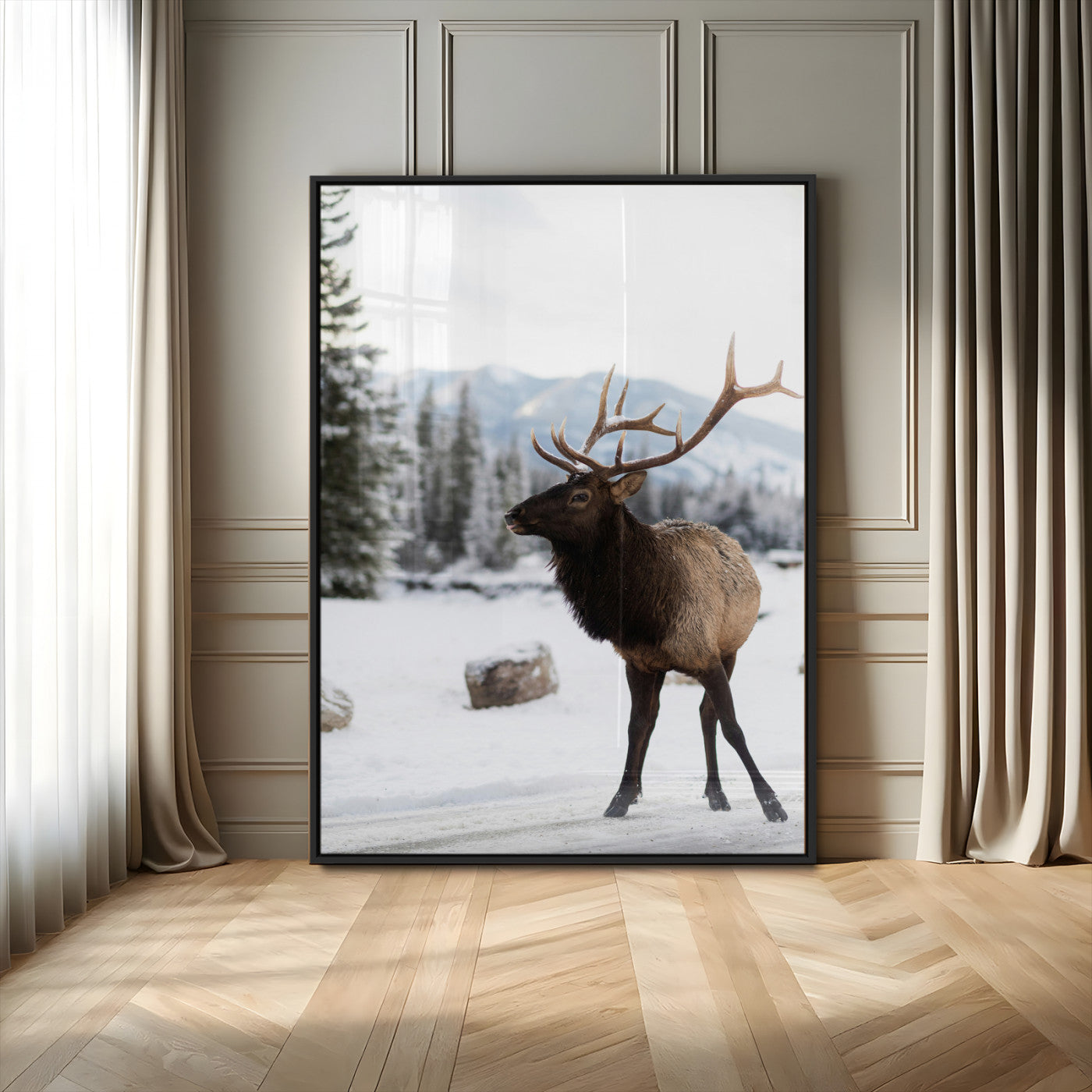 MGV-FP-48X32-3P - Elk Photography Wall Art Canvas Print, Framed Winter Wildlife Art Picture Print, Snowy Mountains Perfect Rustic Cabin Decor Decor Artwork