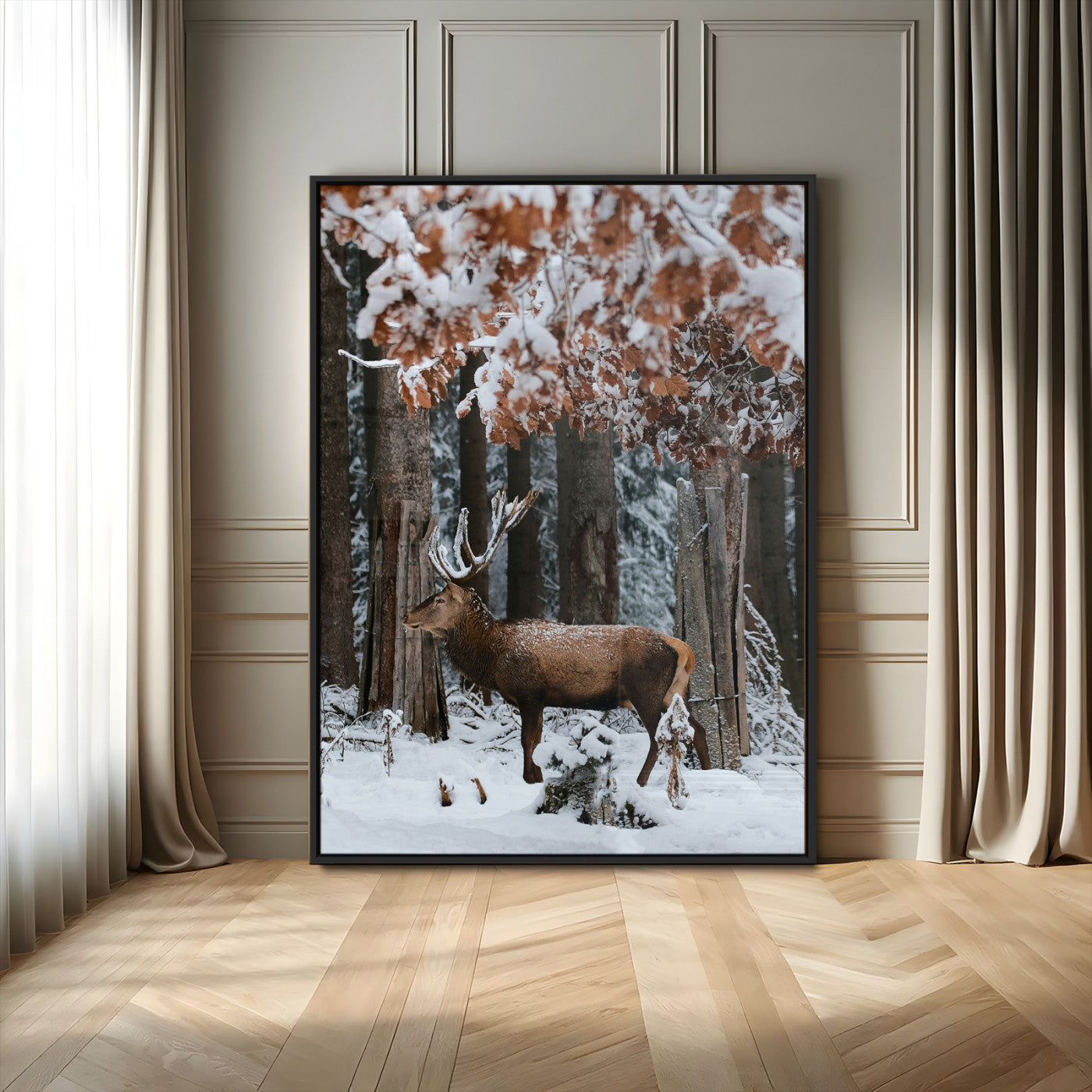 MGV-FP-48X32-3P - Serene Landscape Wall Art Canvas Print, Framed Winter Wonderland Art Picture Print, Winter Deer Perfect Cabin Decor Artwork