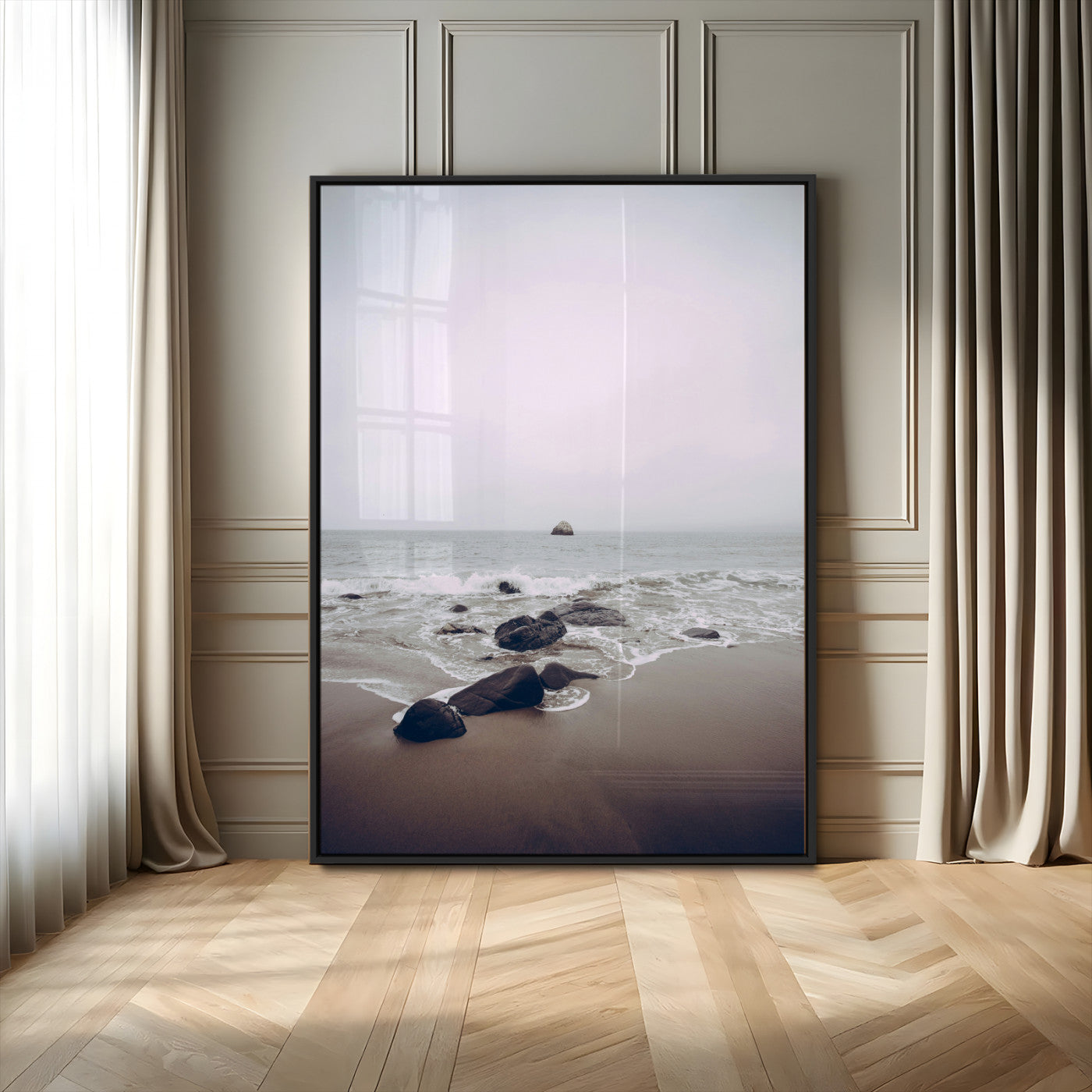 MGV-FP-48X32-3P - Moody Seascape Wall Art Canvas Print, Framed Neutral Beach Art Picture Print, Foggy Ocean Perfect Minimalist Decor Artwork