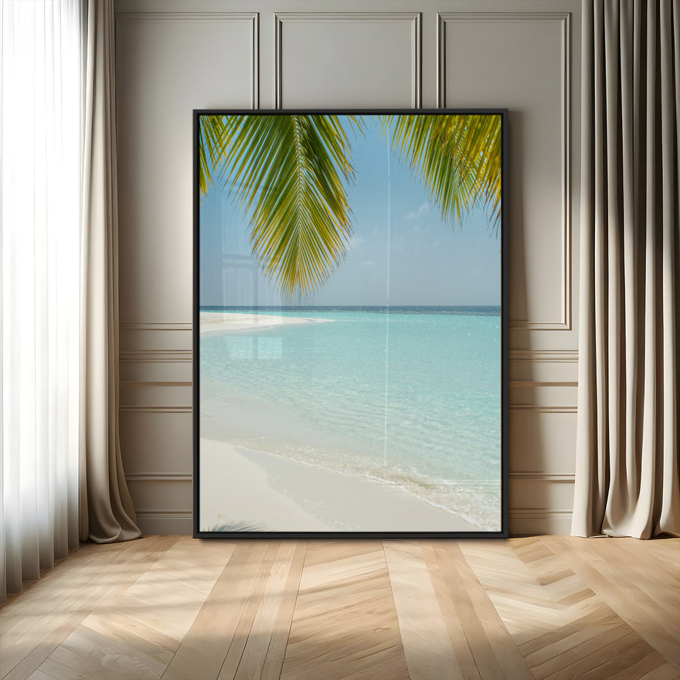 MGV-FP-48X32-3P - Azure Water Wall Art Canvas Print, Framed Tranquil Island Escape Art Picture Print, Clear Blue Ocean Perfect Coastal Minimalist Decor Artwork