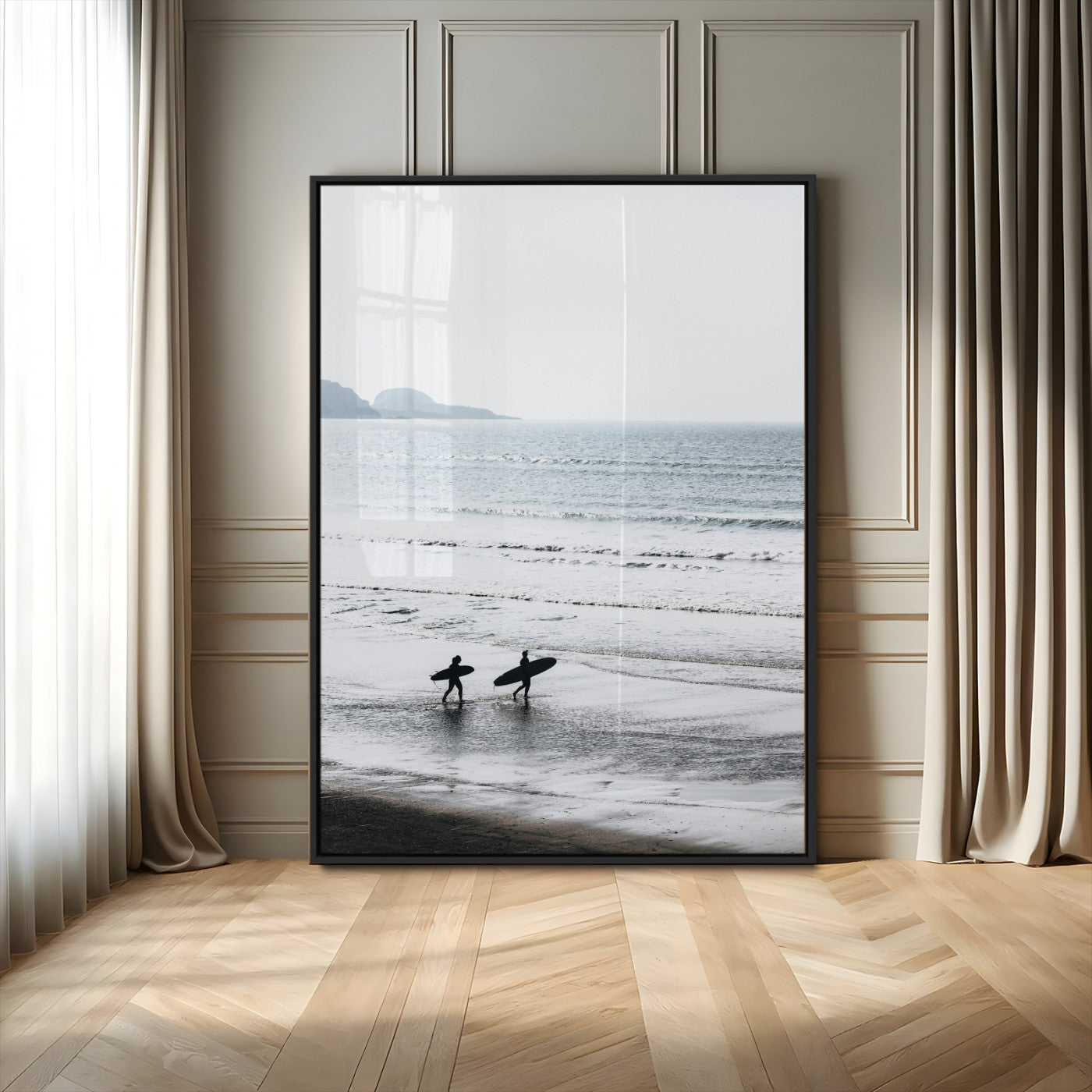 MGV-FP-48X32-3P - Surfer Silhouettes Wall Art Canvas Print, Framed Minimalist Ocean Art Picture Print, Soft Horizon Perfect Minimalist Coastal Decor Artwork