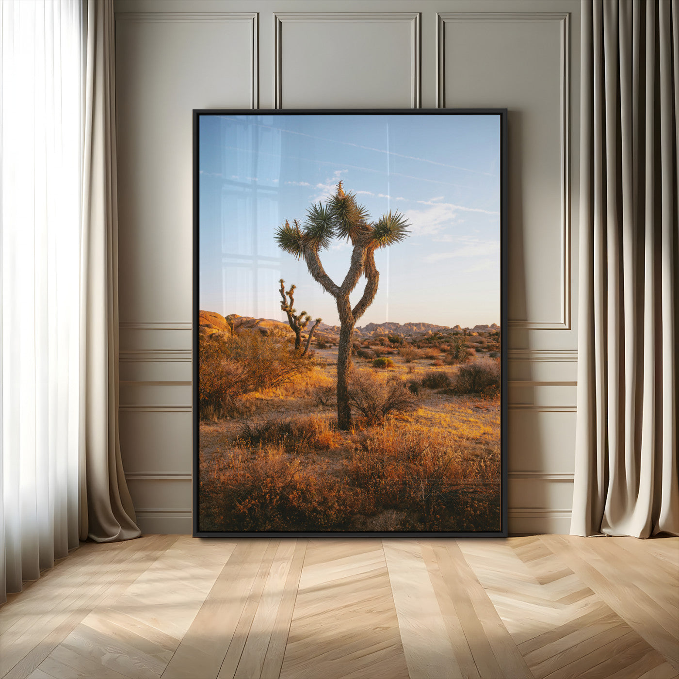 MGV-FP-48X32-3P - Joshua Tree Wall Art Canvas Print, Framed Golden Hour Desert Art Picture Print, Sunset Glow Perfect Southwestern Boho Decor Artwork