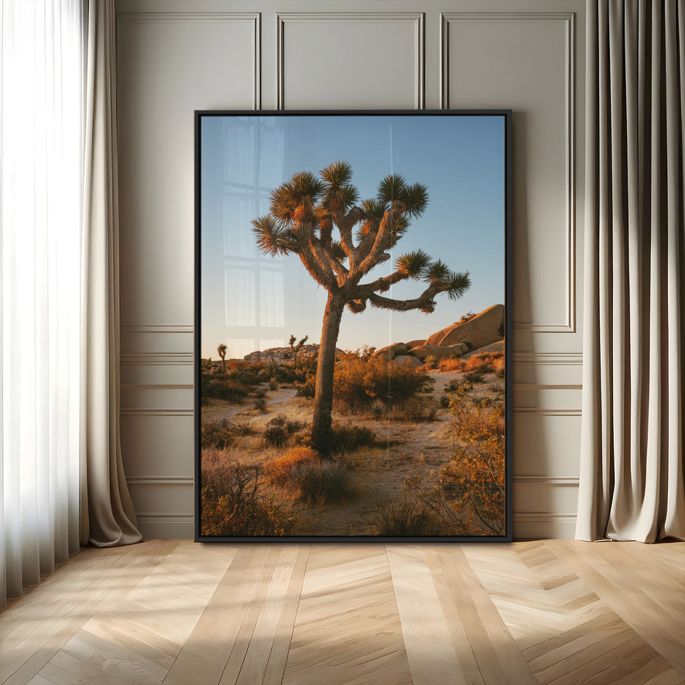 MGV-FP-48X32-3P - Joshua Tree Wall Art Canvas Print, Framed Desert Sunset Art Picture Print, Golden Hour Light Perfect Southwestern Boho Decor Artwork