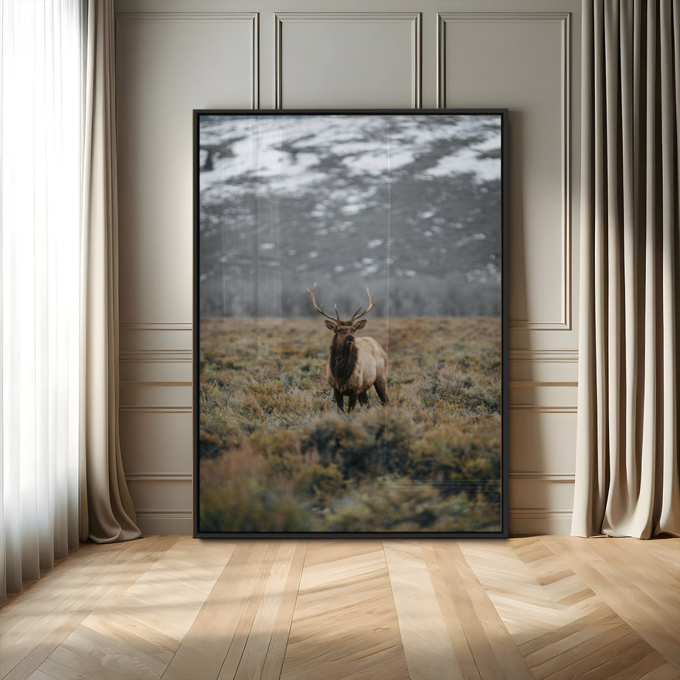 MGV-FP-48X32-3P - Wild Elk Wall Art Canvas Print, Framed Mountain Wilderness Art Picture Print, Majestic Animal Perfect Rustic Lodge Decor Artwork