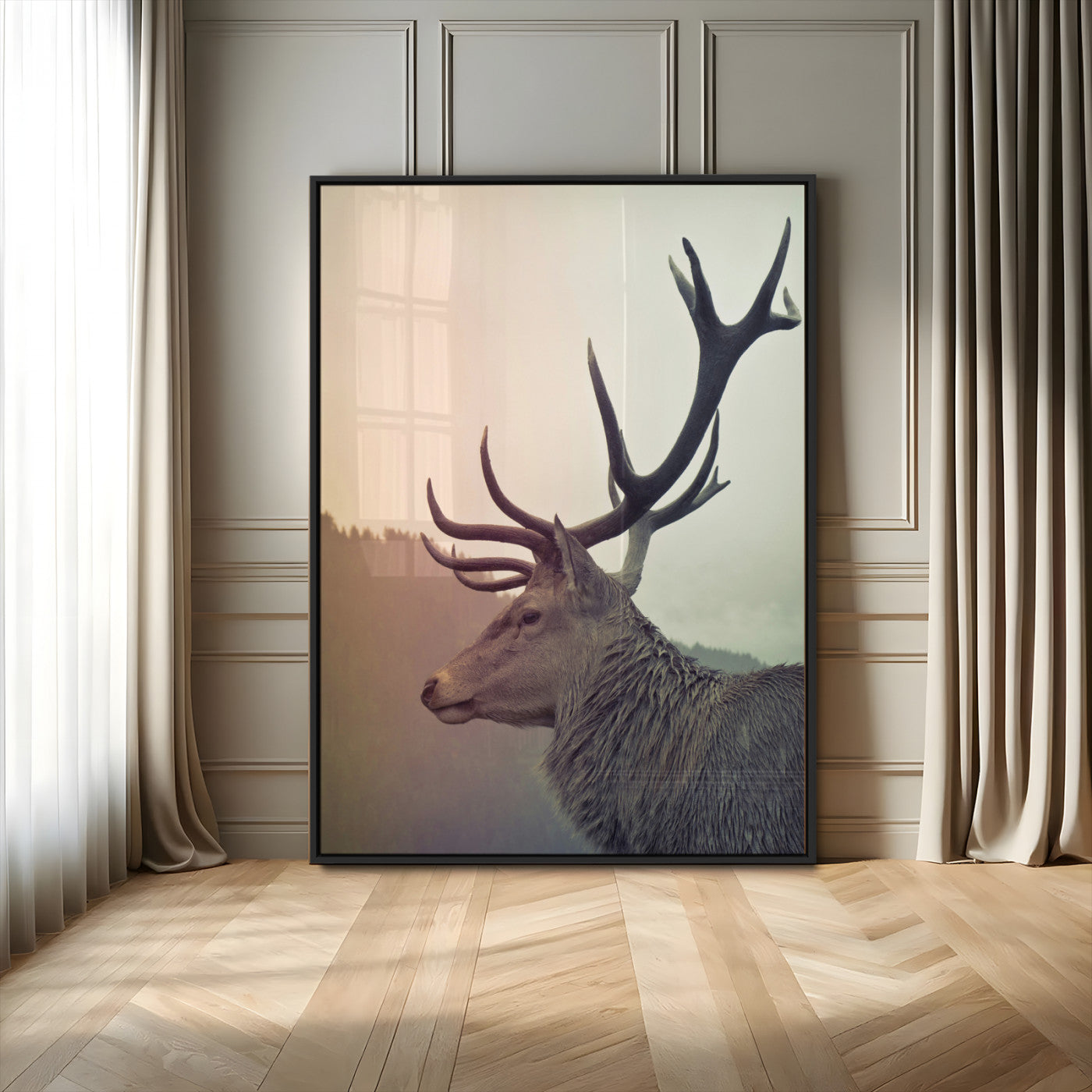 MGV-FP-48X32-3P - Deer Canvas Print Wall Art Canvas Print, Framed Woodland Animal Decor Art Picture Print, Rustic Lodge Wall Art Perfect Rustic Lodge Decor Artwork