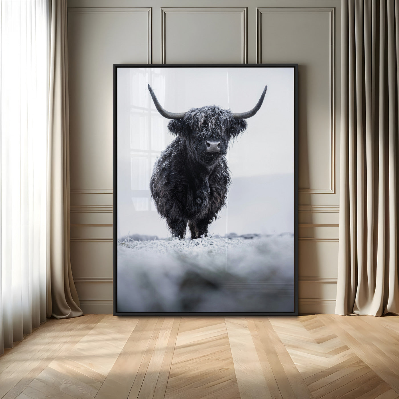 MGV-FP-48X32-3P - Frosty Black Highland Wall Art Canvas Print, Framed Moody Winter Aesthetic Art Picture Print, Scottish Highlands Perfect Modern Rustic Decor Artwork