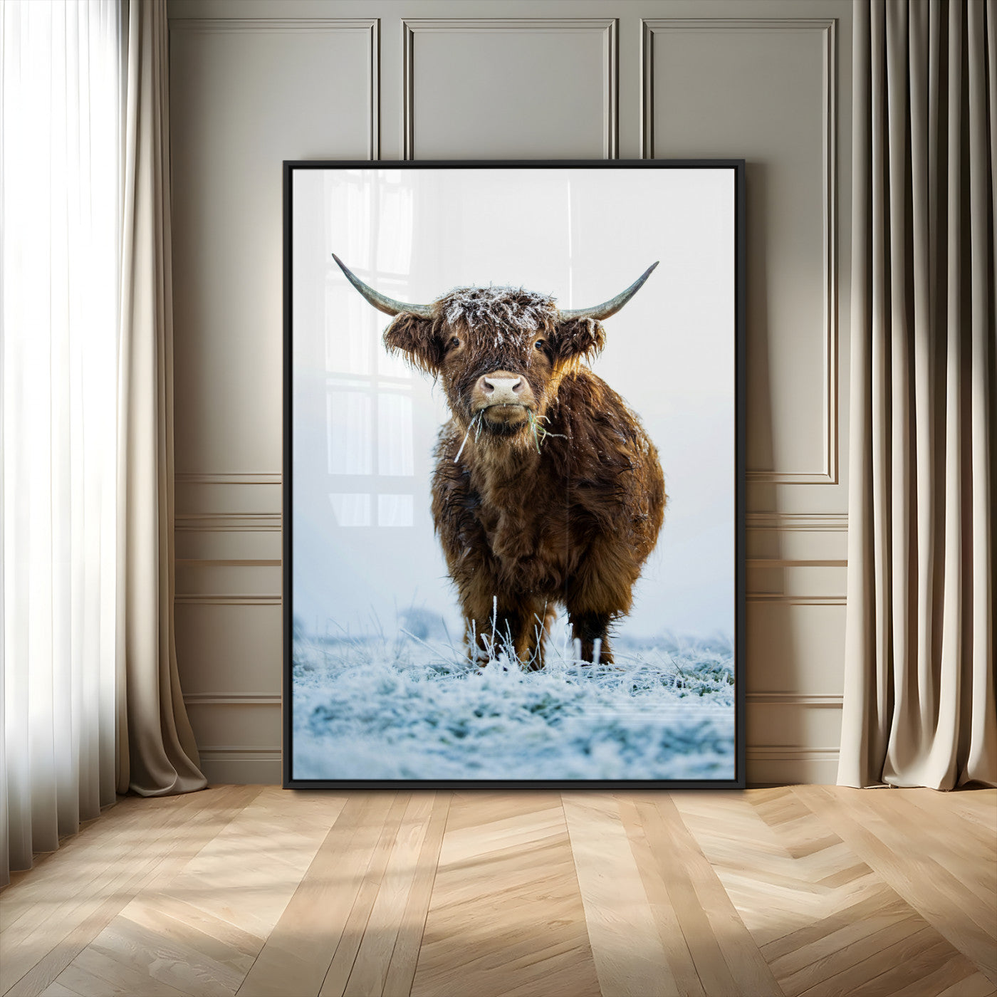 MGV-FP-48X32-3P - Highland Cow Wall Art Canvas Print, Framed Frosty Grass Art Picture Print, Winter Scene Perfect Rustic Farmhouse Decor Artwork