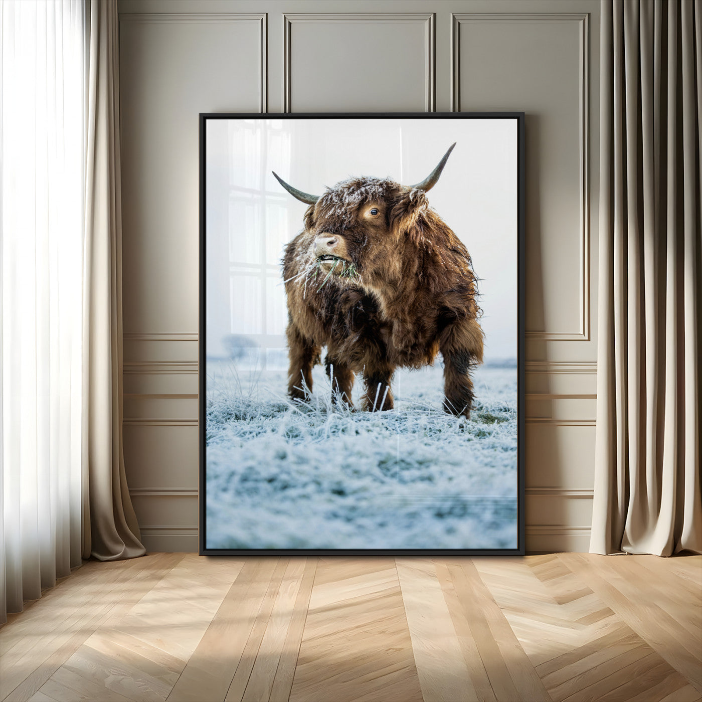 MGV-FP-48X32-3P - Minimalist Scottish Highlang Cow Wall Art Canvas Print for Farmhouse / County Style Art Print for