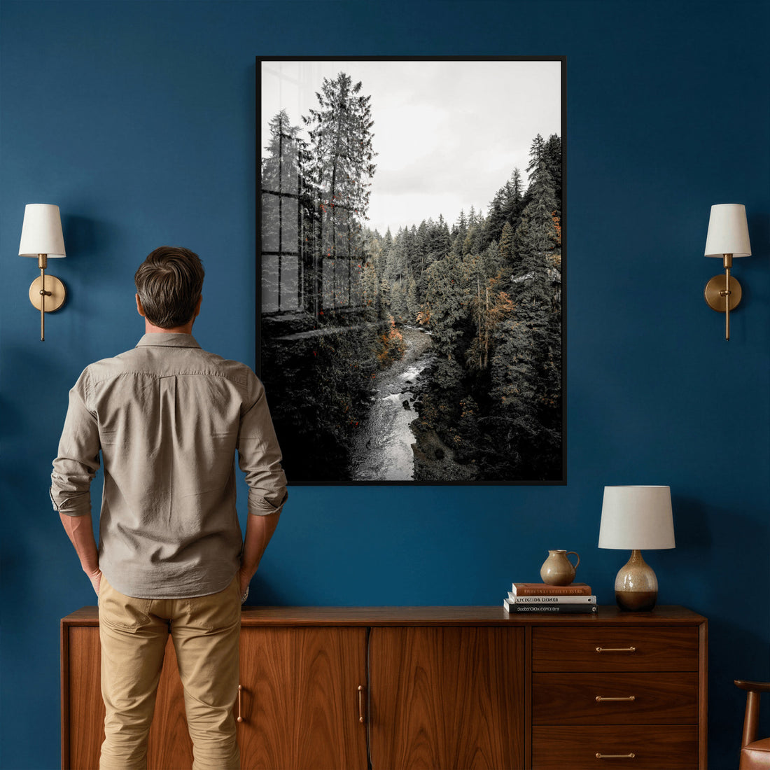 Moody Forest River Wall Art Canvas Print | Dark Evergreen Landscape