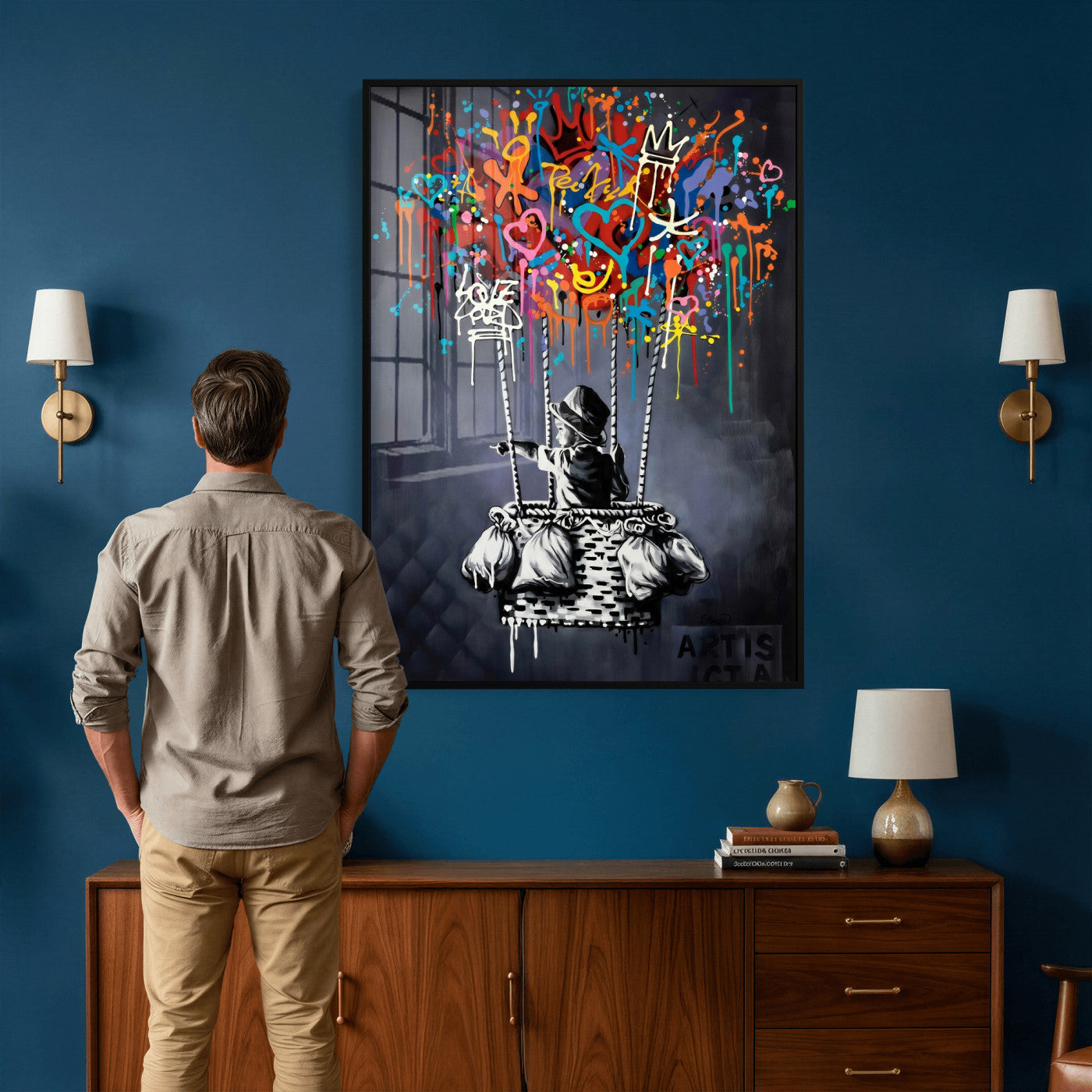 87352999-MGV-CV-24X36 - Banksy Inspired Boy Swing Wall Art Canvas Print, Graffiti Balloon Hearts Street Art, Colorful Urban Mural Artwork for Modern Living Room Decor