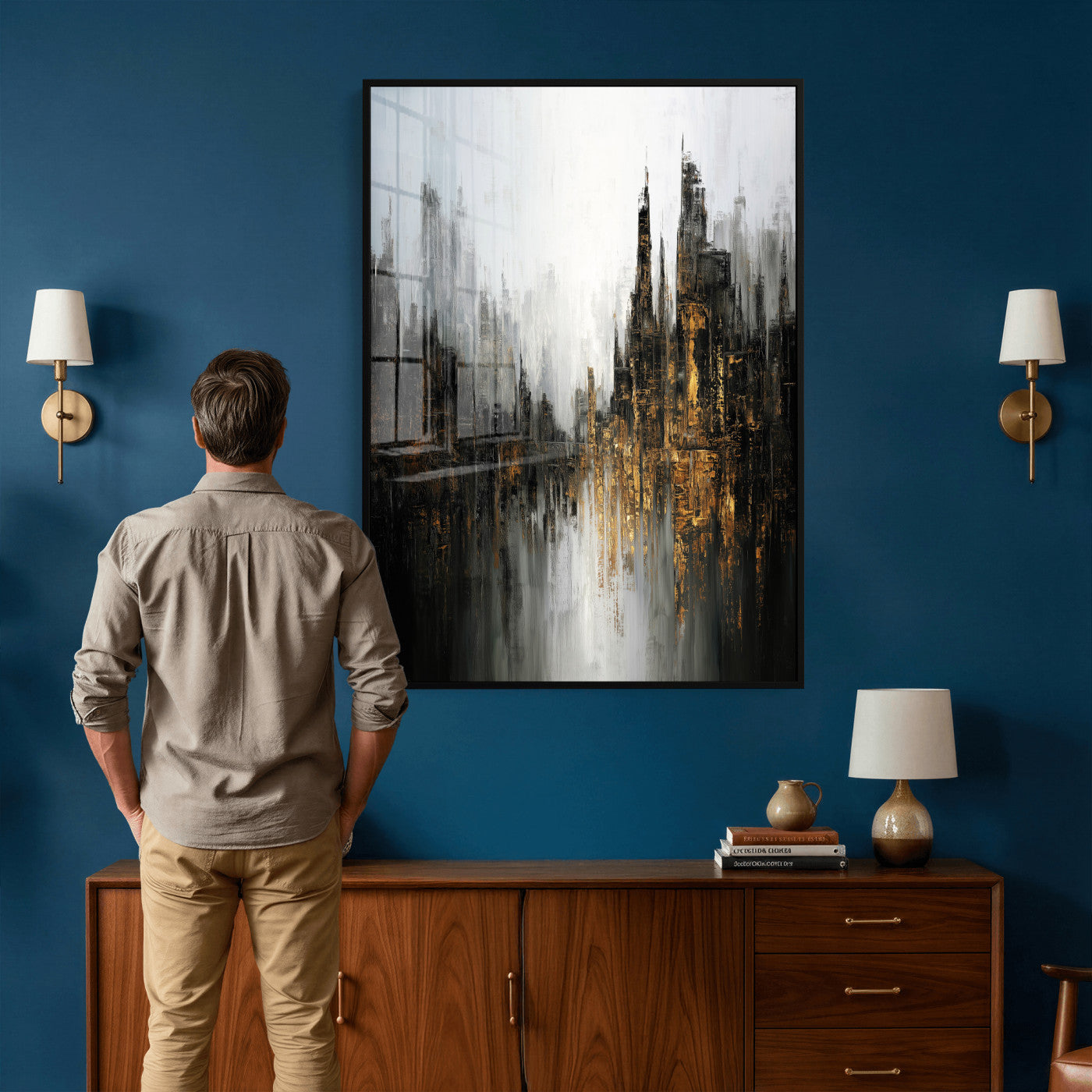 39629486-MGV-CV-24X36 - Abstract Urban Reflection Wall Art Canvas Print, Gold Black Modern Architecture Canvas Print, Contemporary Moody City Artwork for Living Room Decor