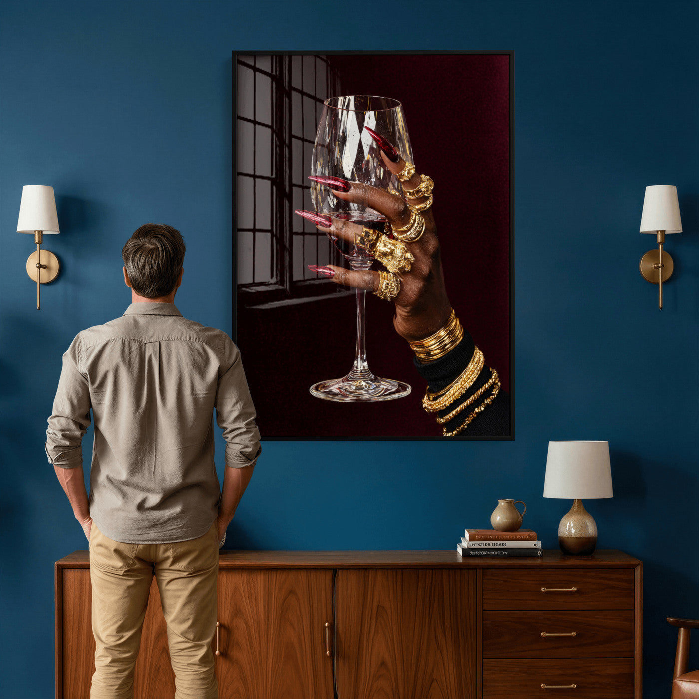 8151788Y6-MGV-CV-24X36 - Black Woman Holding Elegant Wine Glass Art, Black Girl Art, Black Woman Art, Trendy Black Girl Wall Art