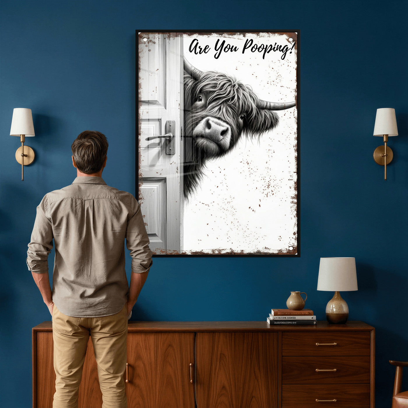 8151788G6-MGV-CV-24X36 - Funny Highland Cow Bathroom Wall Art Canvas Print, Are You Pooping Cow Sign, Rustic Farmhouse Bathroom Decor
