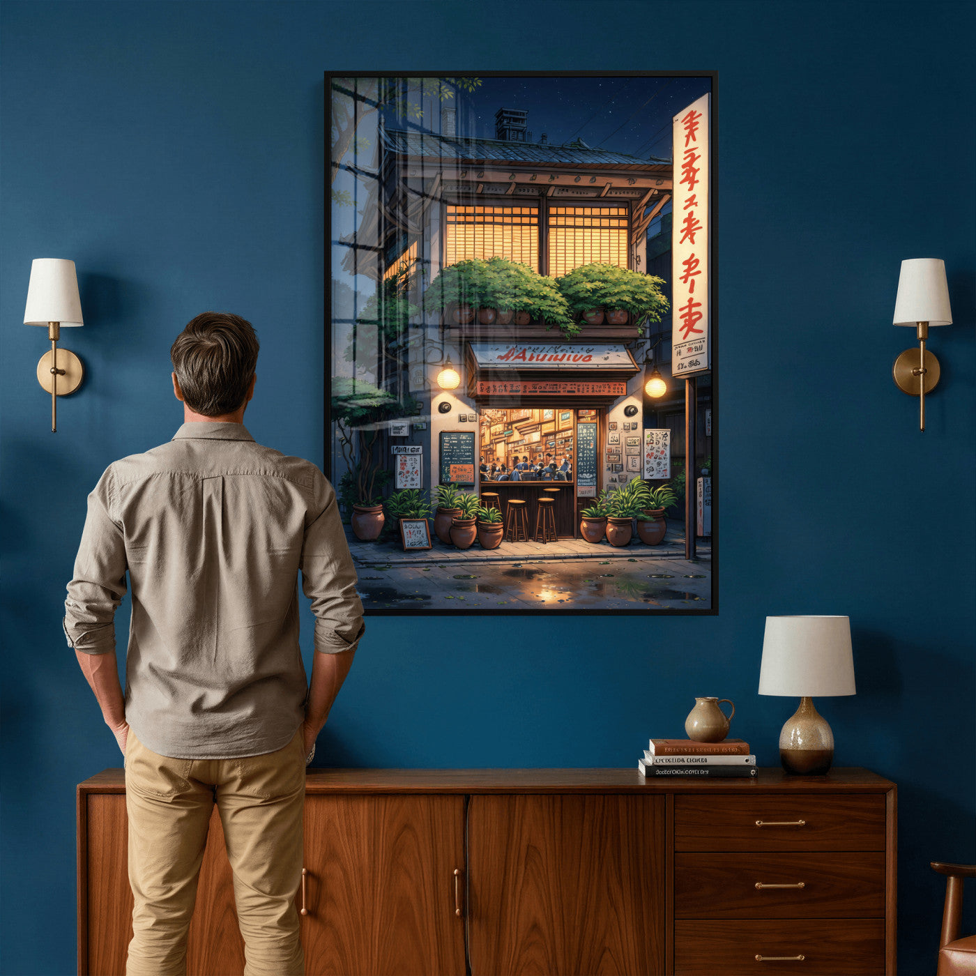 4712069TE1-MGV-CV-24X36 - Evening at the Ramen Shop Canvas Wall Art — Japan Night Anime Print | Japanese Restaurant Decor | Lofi Wall Art | Ramen Lover Gift