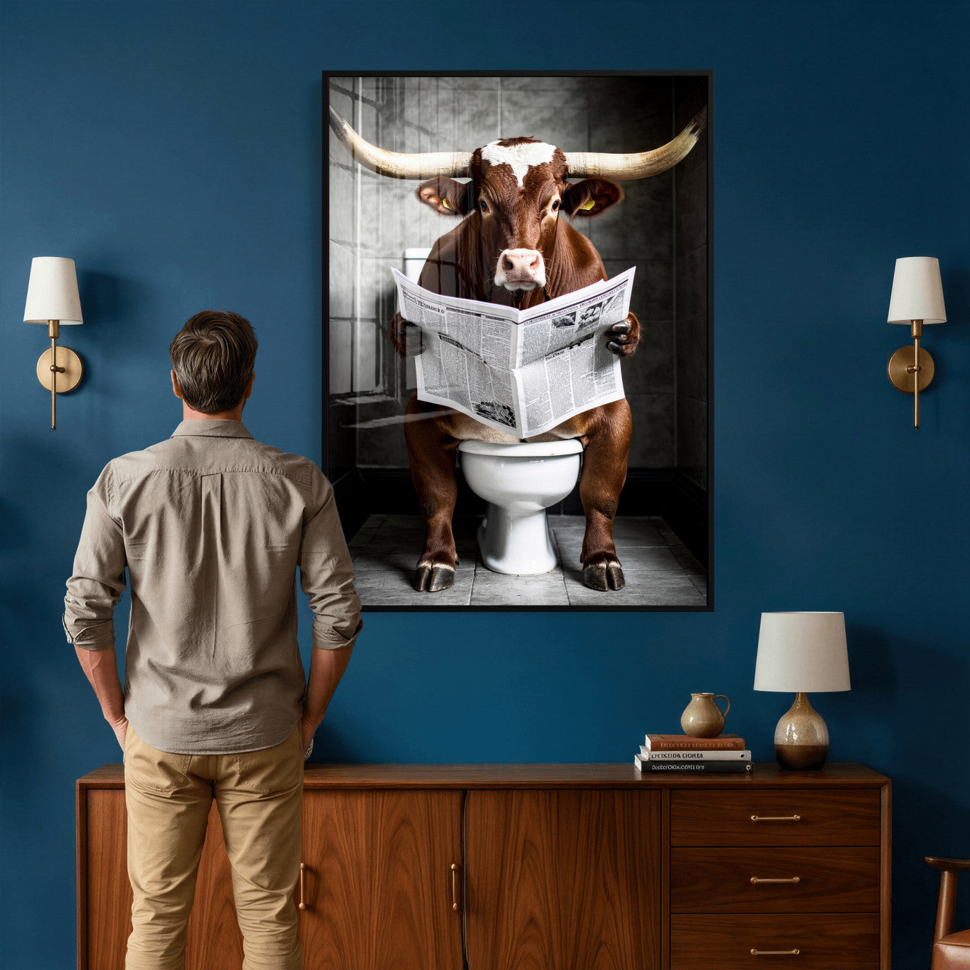 69808726-MGV-CV-24X36 - Texas Longhorn Cow Toilet Paper Canvas Wall Art, Funny Bathroom Black White Print, Cute Animal Humor Decor, Quirky Farmhouse Bathroom Art, Cow Lover Gift