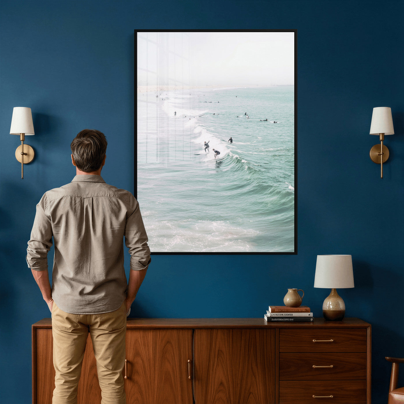 58043762-MGV-CV-24X36 - Surfers on Waves Canvas Wall Art, Aerial Ocean Photography Print, Mint Green Surf Decor, California Beach House Art, Coastal Sports Wall Decor