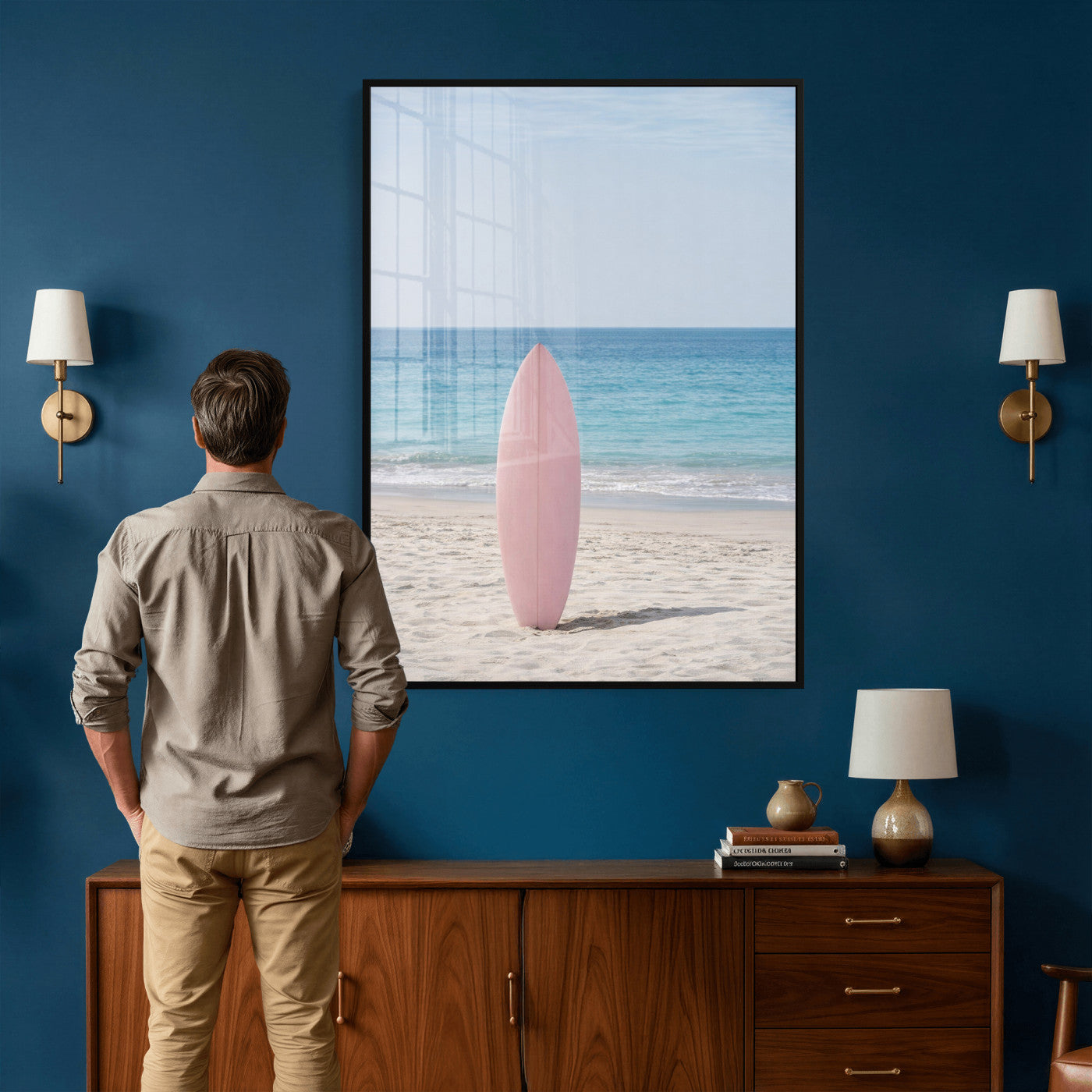 17265103-MGV-CV-24X36 - Pink Surfboard Canvas Wall Art, Minimalist Beach Photography Print, Pastel Ocean Coastal Decor, Girl Beach Room Art, Aesthetic Summer Wall Print