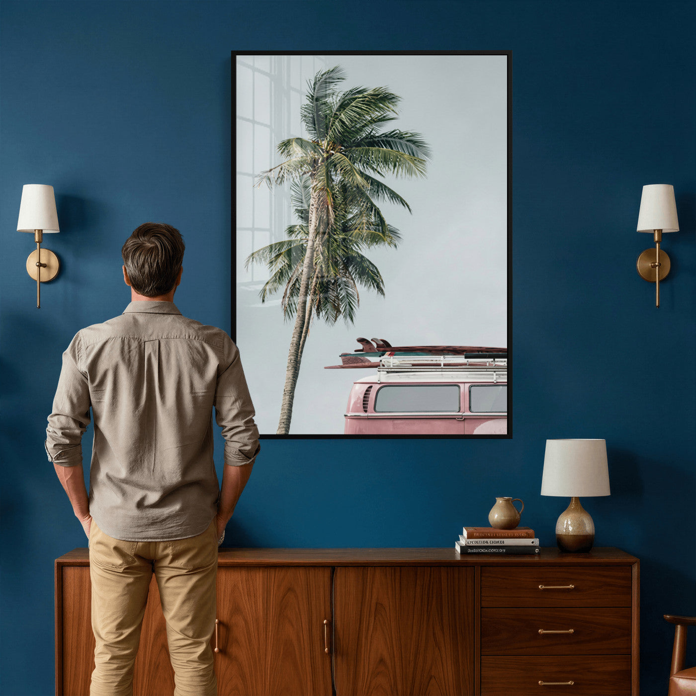 73117797-MGV-CV-24X36 - VW Van Palm Tree Canvas Wall Art, Pink Camper Surfboards Beach Print, Retro Surf Photography Decor, Coastal Boho Wall Art, Surfer Gift Idea