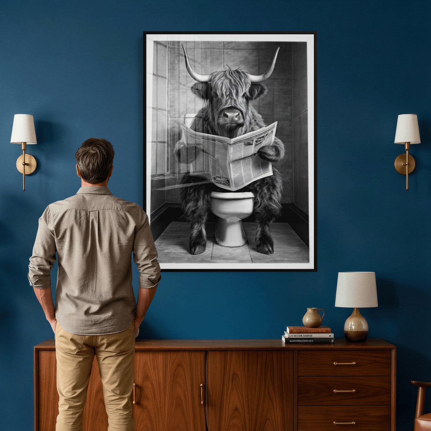 56930218-MGV-CV-24X36 - Funny Bathroom Canvas Wall Art, Texas Longhorn on Toilet Reading Newspaper, Humor Animal Print, Farmhouse Bathroom Decor, Quirky Cow Gift, Toilet Room Art