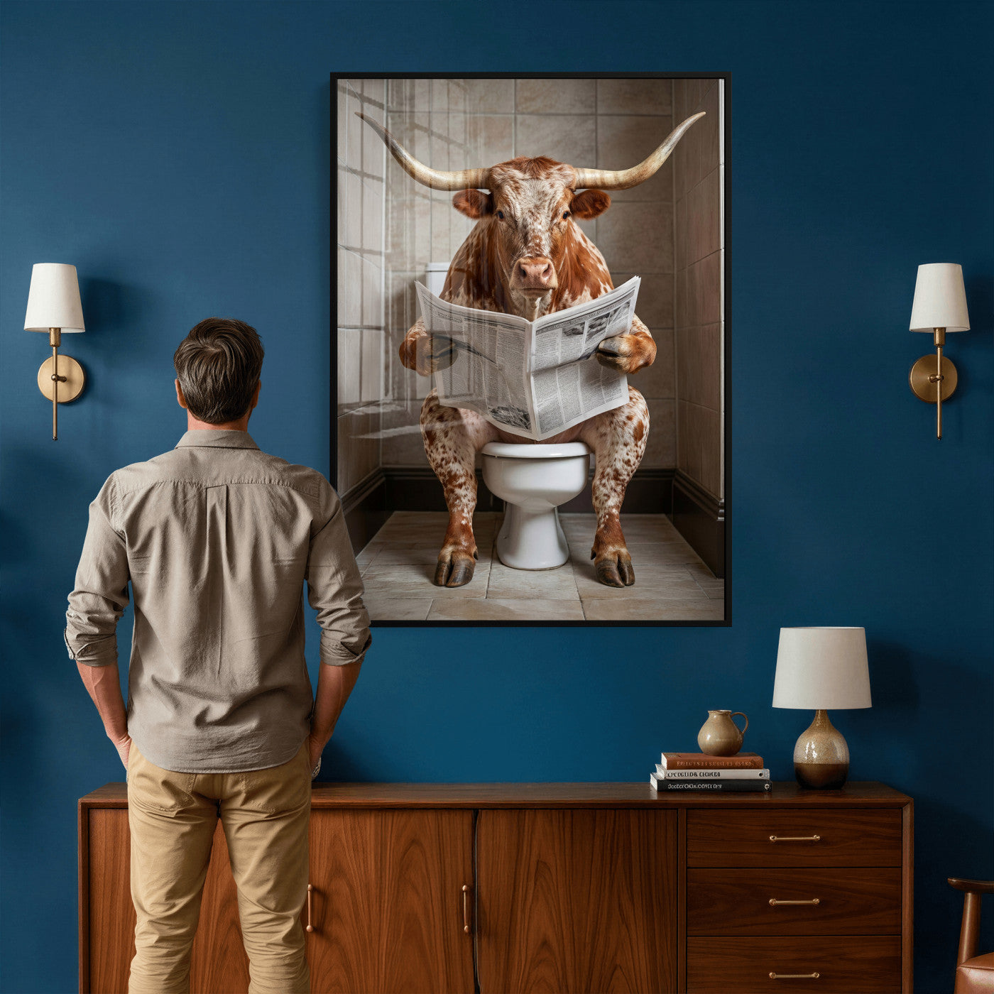 17728527-MGV-CV-24X36 - Funny Bathroom Canvas Wall Art, Texas Longhorn on Toilet Reading Newspaper, Humor Animal Print, Farmhouse Bathroom Decor, Quirky Cow Gift, Toilet Room Art