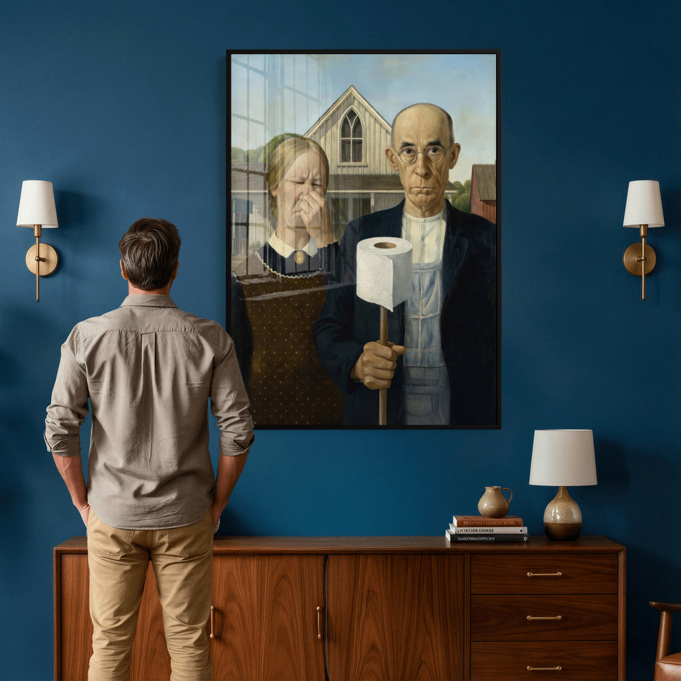 46805085-MGV-CV-24X36 - Funny Bathroom Canvas Wall Art, Grant Wood American Gothic Toilet Paper Parody Print, Humor Bathroom Decor, Classic Art Spoof, Quirky Housewarming Gift
