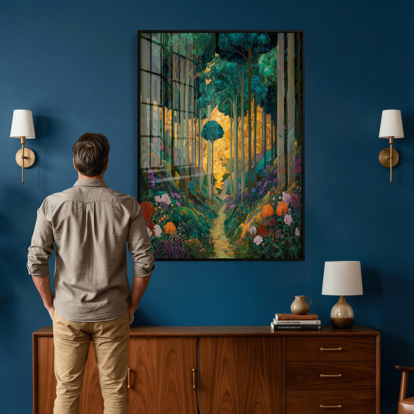 70159913-MGV-CV-24X36 - Gustav Klimt Style Forest Canvas Wall Art, Golden Forest Path Floral Art Nouveau Print, Enchanted Woodland Decor, Maximalist Colorful Nature Art