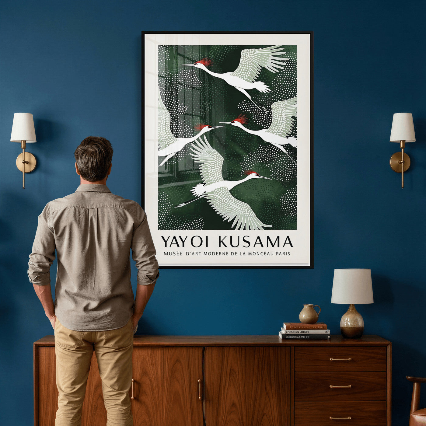 63036906-MGV-CV-24X36 - Yayoi Kusama Crane Bird Wall Art Canvas Print, Japanese Inspired Flying Heron Framed Artwork, Green Botanical Nature Decor for Living Room Bedroom Office