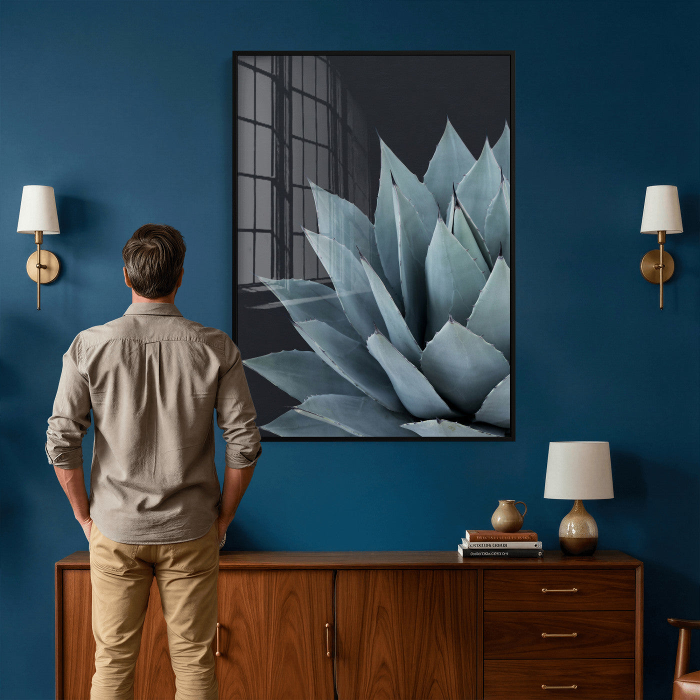 59803798-MGV-CV-24X36 - Agave Wall Art Canvas Print, Blue Green Succulent Botanical Framed Artwork, Minimalist Desert Plant Decor for Living Room Bedroom Office Bathroom