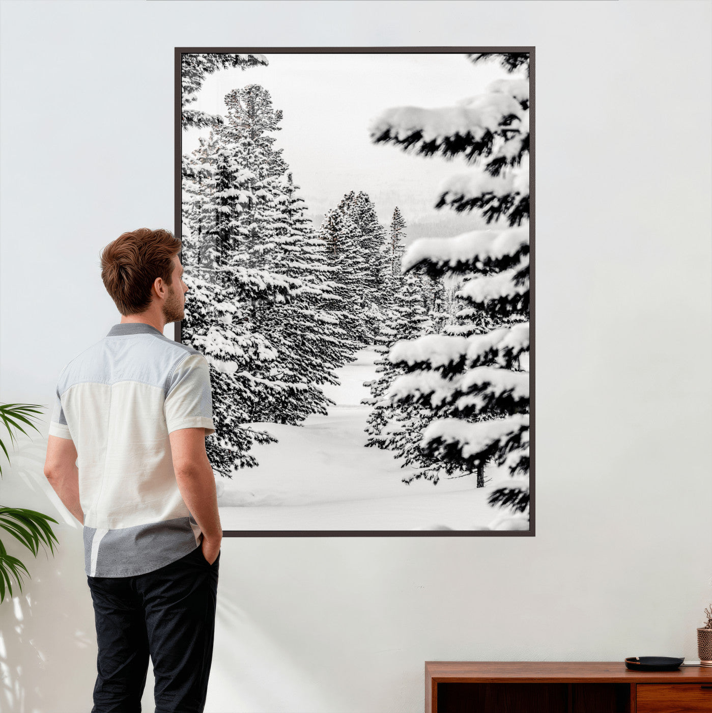 42534505-MGV-CV-24X36 - Snowy Pine Forest Wall Art Canvas Print, Minimal Winter Woodland Landscape, Black and White Nature Artwork