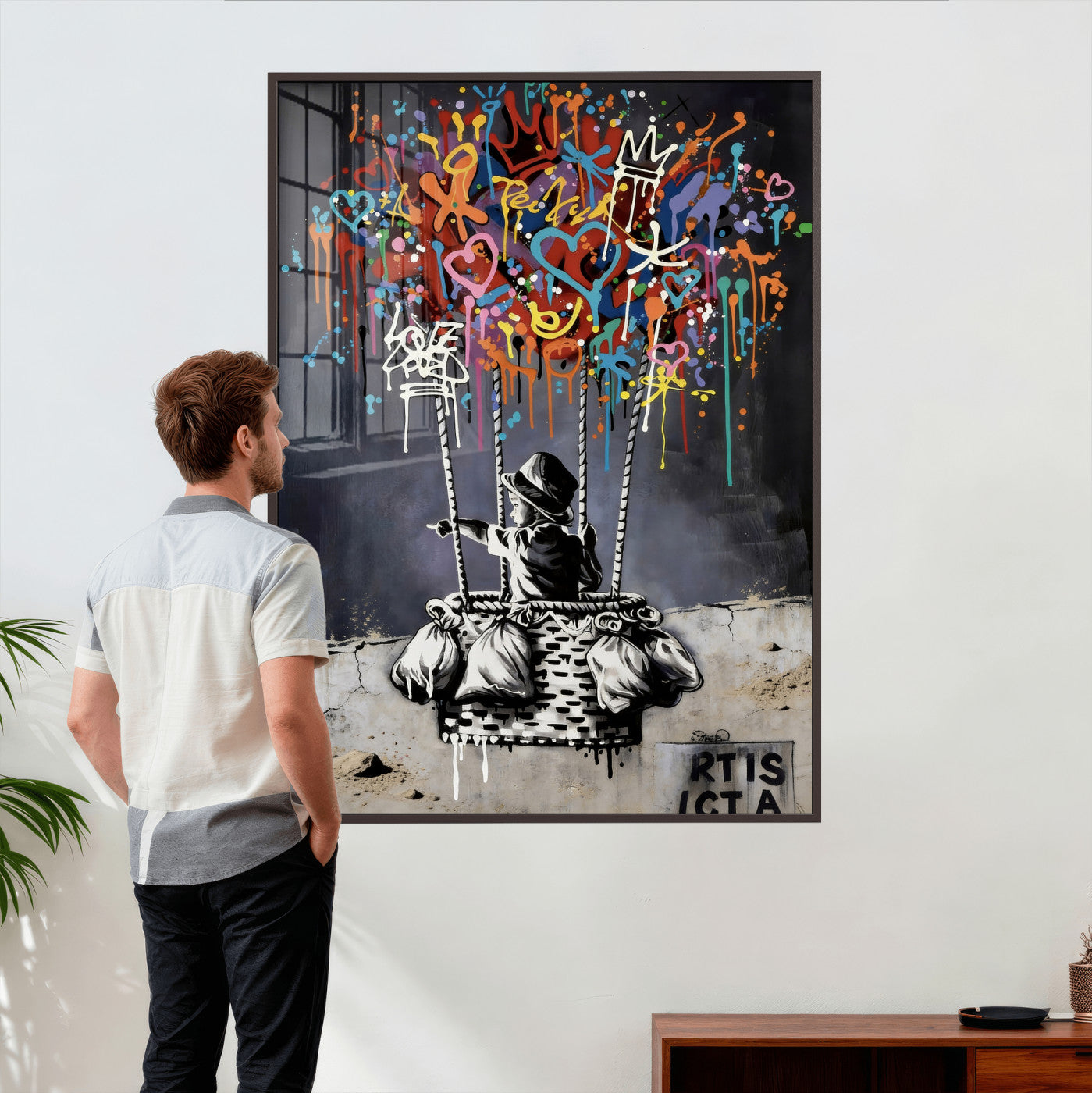 56325542-MGV-CV-24X36 - Banksy Inspired Boy Swing Wall Art Canvas Print, Graffiti Balloon Hearts Street Art, Colorful Urban Mural Artwork for Modern Living Room Decor
