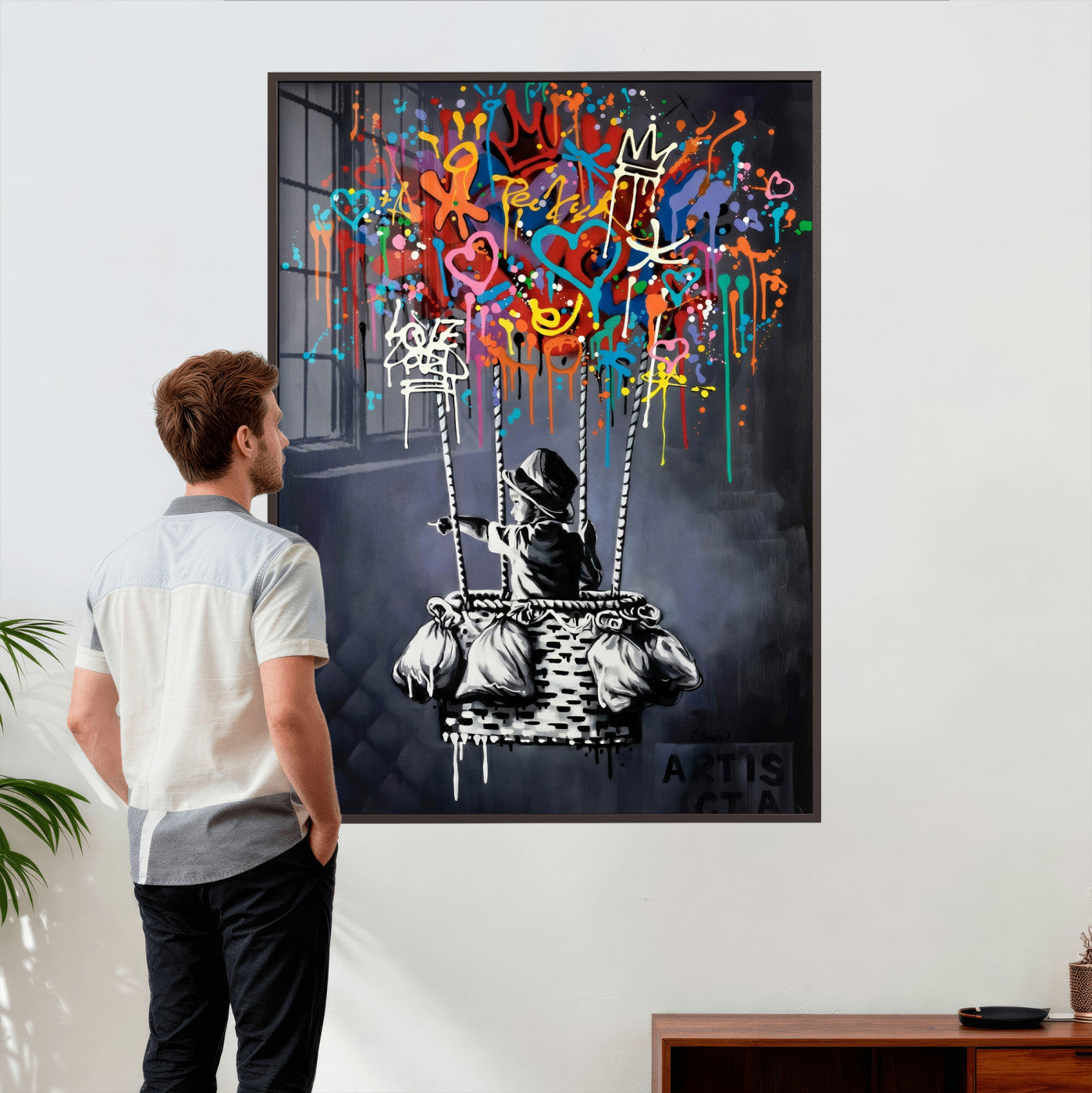 87352999-MGV-CV-24X36 - Banksy Inspired Boy Swing Wall Art Canvas Print, Graffiti Balloon Hearts Street Art, Colorful Urban Mural Artwork for Modern Living Room Decor