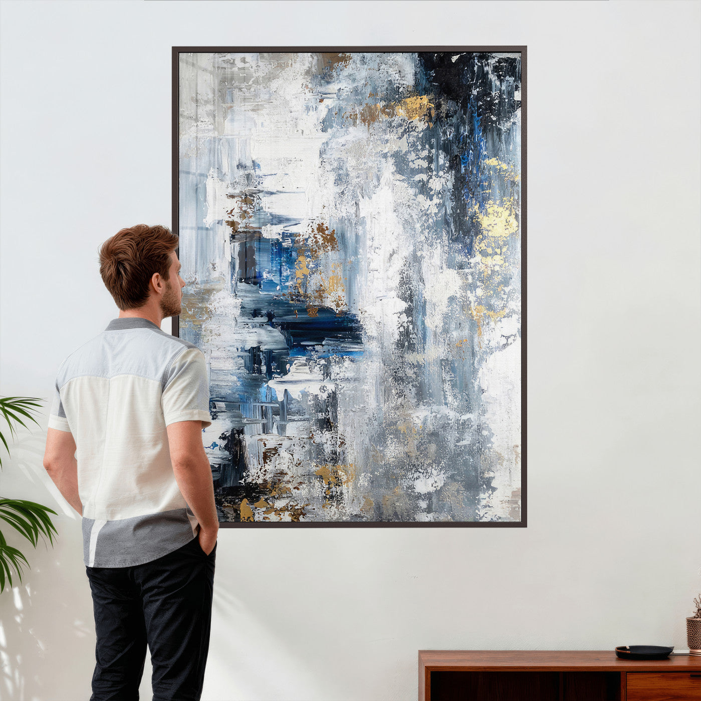 3962948988-MGV-CV-24X36 - Blue Abstract Wall Art Canvas Print, Gold Black Modern Architecture Canvas Print, Contemporary Moody City Artwork for Living Room Decor