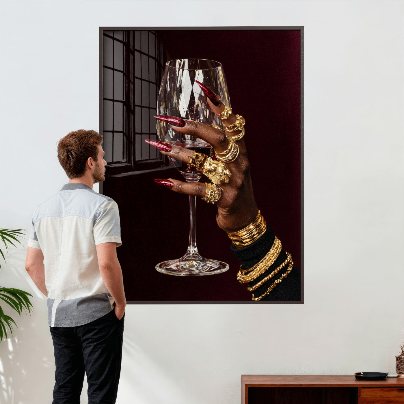 8151788Y6-MGV-CV-24X36 - Black Woman Holding Elegant Wine Glass Art, Black Girl Art, Black Woman Art, Trendy Black Girl Wall Art