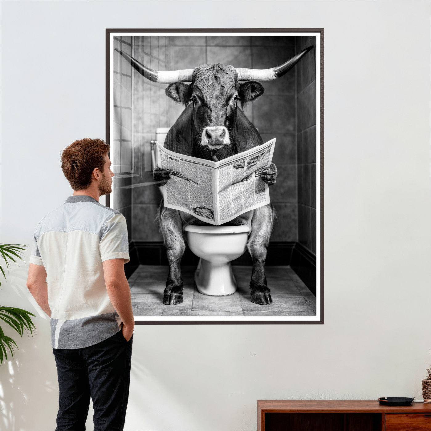 77994492-MGV-CV-24X36 - Texas Longhorn Cow Toilet Paper Canvas Wall Art, Funny Bathroom Black White Print, Cute Animal Humor Decor, Quirky Farmhouse Bathroom Art, Cow Lover Gift