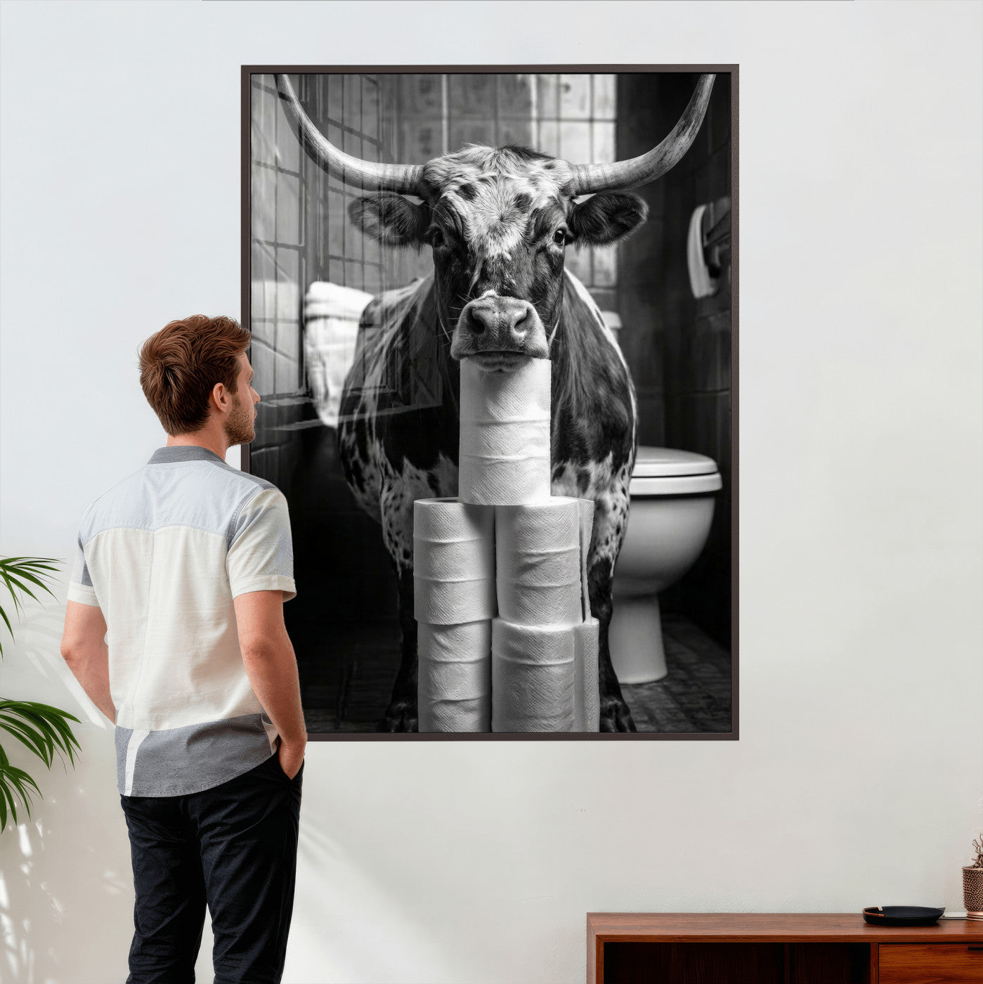 79259956-MGV-CV-24X36 - Texas Longhorn Cow Toilet Paper Canvas Wall Art, Funny Bathroom Black White Print, Cute Animal Humor Decor, Quirky Farmhouse Bathroom Art, Cow Lover Gift