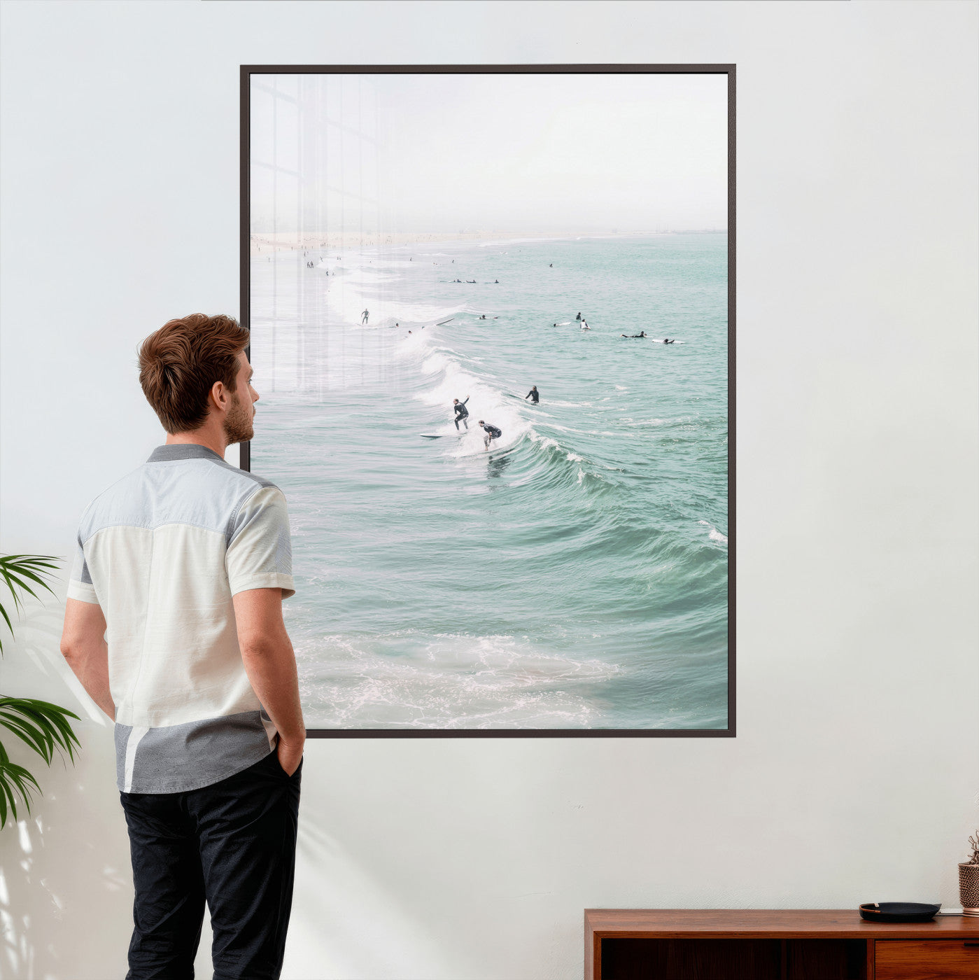 58043762-MGV-CV-24X36 - Surfers on Waves Canvas Wall Art, Aerial Ocean Photography Print, Mint Green Surf Decor, California Beach House Art, Coastal Sports Wall Decor