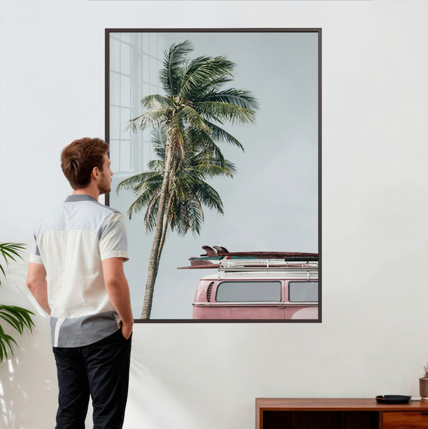 73117797-MGV-CV-24X36 - VW Van Palm Tree Canvas Wall Art, Pink Camper Surfboards Beach Print, Retro Surf Photography Decor, Coastal Boho Wall Art, Surfer Gift Idea