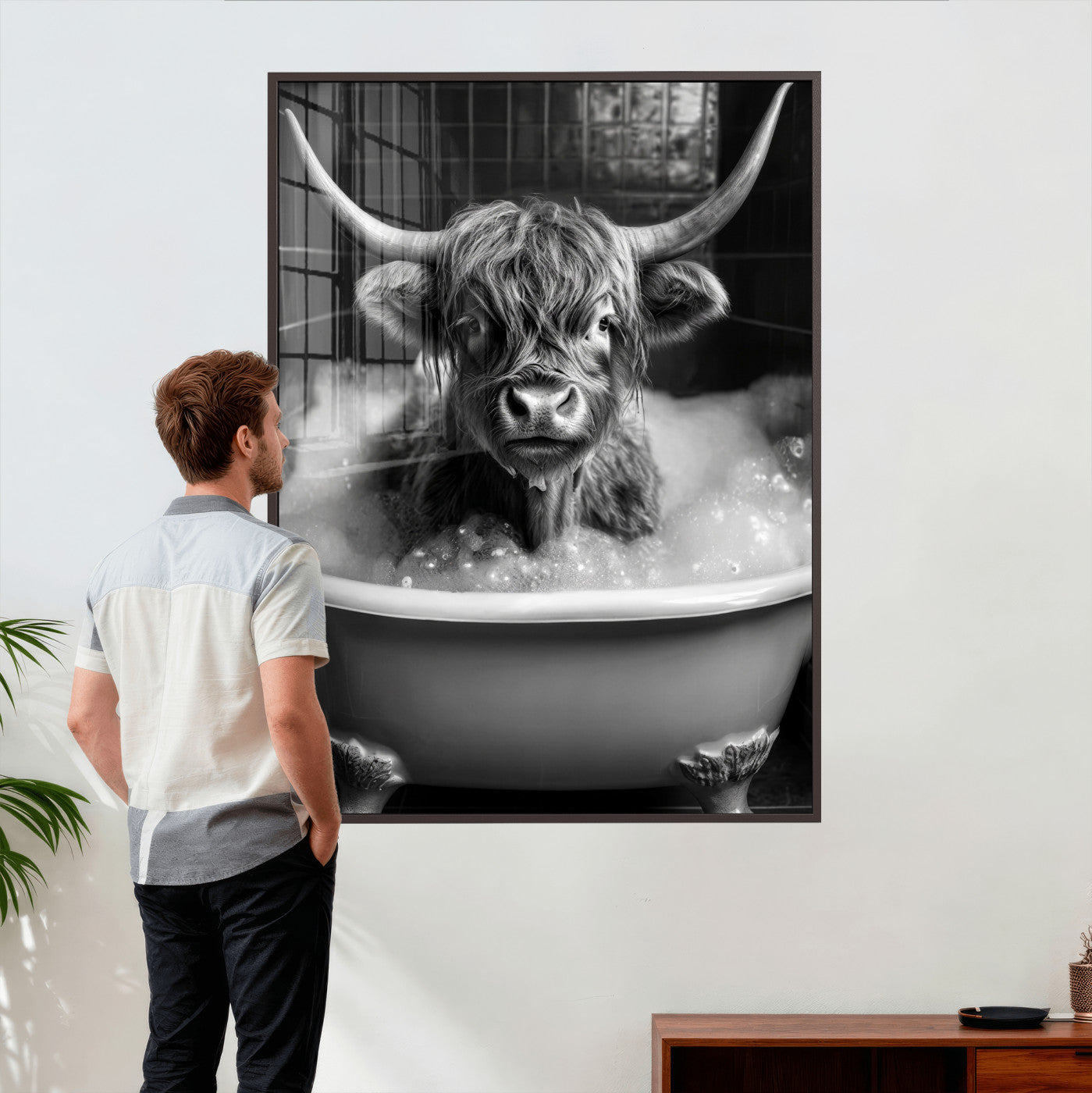 44020264-MGV-CV-24X36 - Highland Cow Bathtub Canvas Wall Art, Funny Bathroom Print Black White, Grumpy Cow Bubble Bath Decor, Animal Bathroom Art, Farmhouse Humor Print, Cute Cow Gift