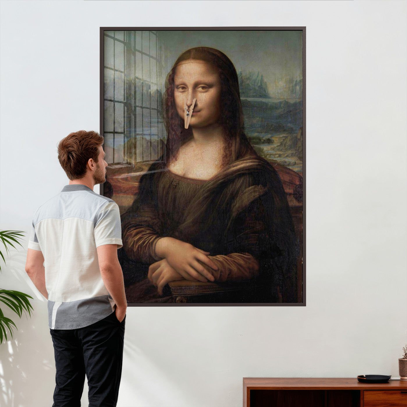 59125950-MGV-CV-24X36 - Funny Bathroom Canvas Wall Art Print, Mona Lisa Clothespin Nose Humor Decor, Classic Art Parody, Toilet Room Wall Art, Quirky Housewarming Gift, Eclectic Home Decor