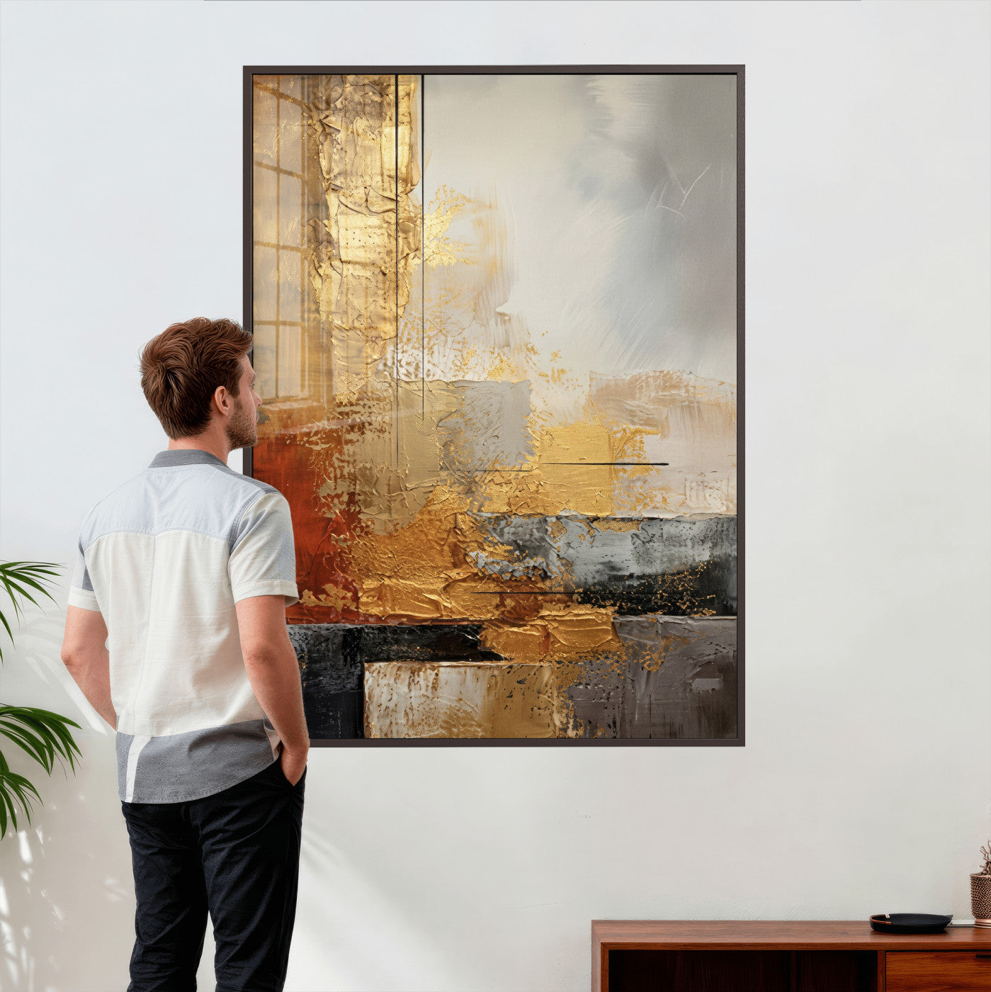 98453723G-MGV-CV-24X36 - Gold Abstract Canvas Wall Art, Luxury Textured Style Gold Leaf Painting Print, Modern Glam Decor, Gold Grey Rust Abstract Art, Living Room Statement Art