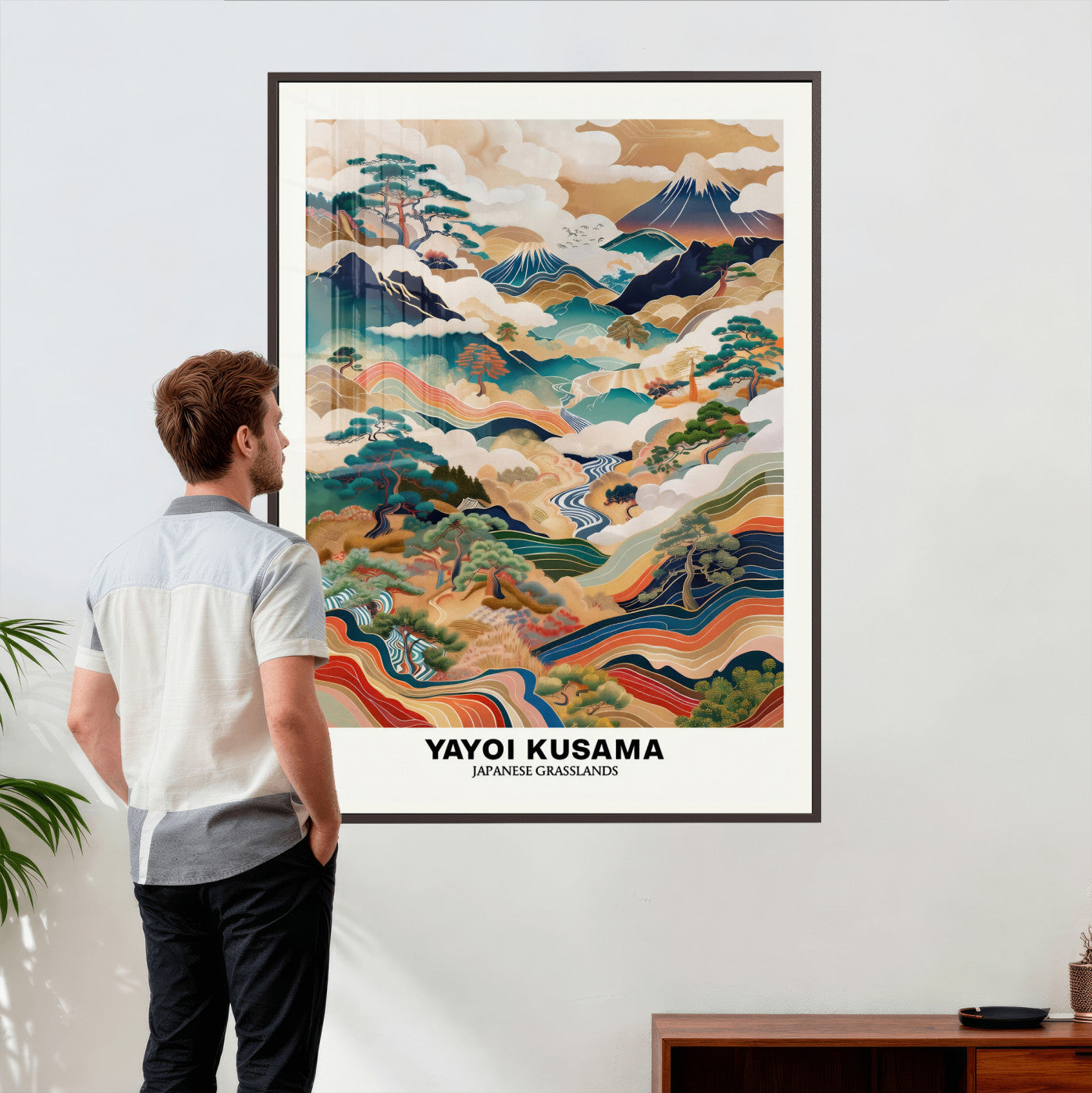 71553303-MGV-CV-24X36 - Yayoi Kusama Japanese Landscape Wall Art Canvas Print, Colorful Mountain and River Framed Artwork, Nature Inspired Asian Scenic Decor for Living Room Bedroom Office