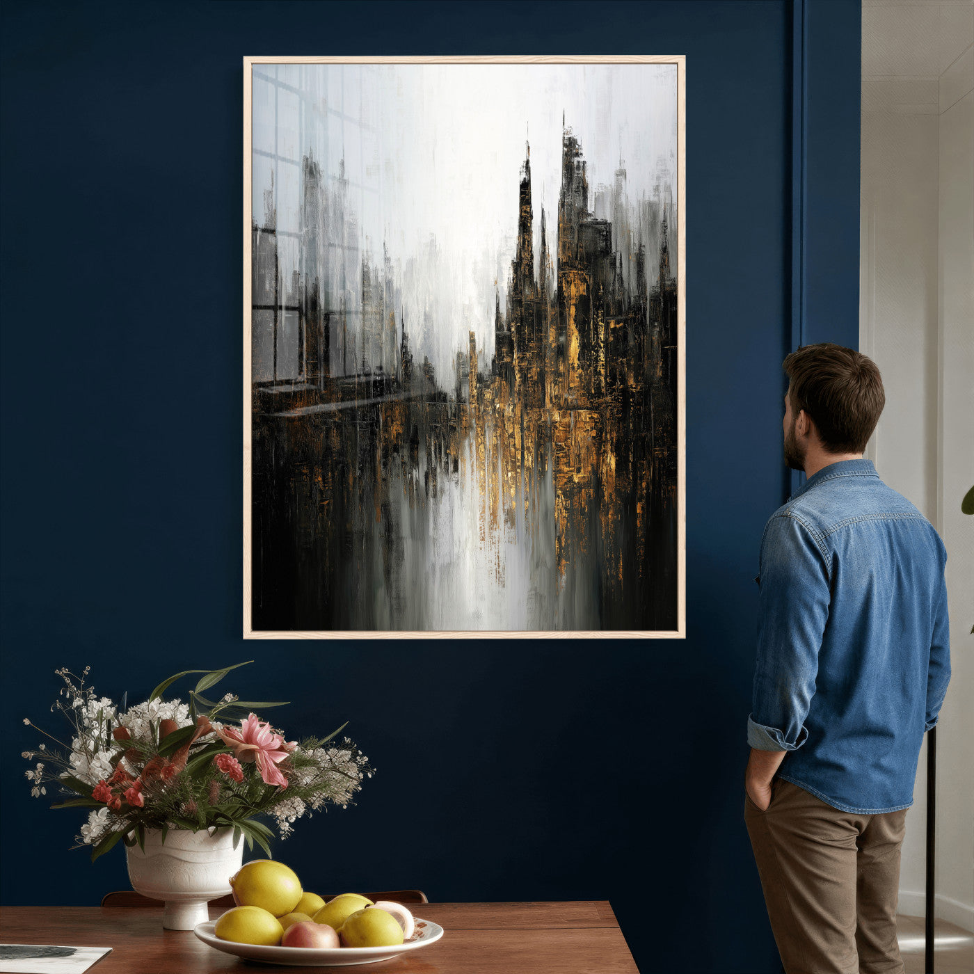 39629486-MGV-CV-24X36 - Abstract Urban Reflection Wall Art Canvas Print, Gold Black Modern Architecture Canvas Print, Contemporary Moody City Artwork for Living Room Decor