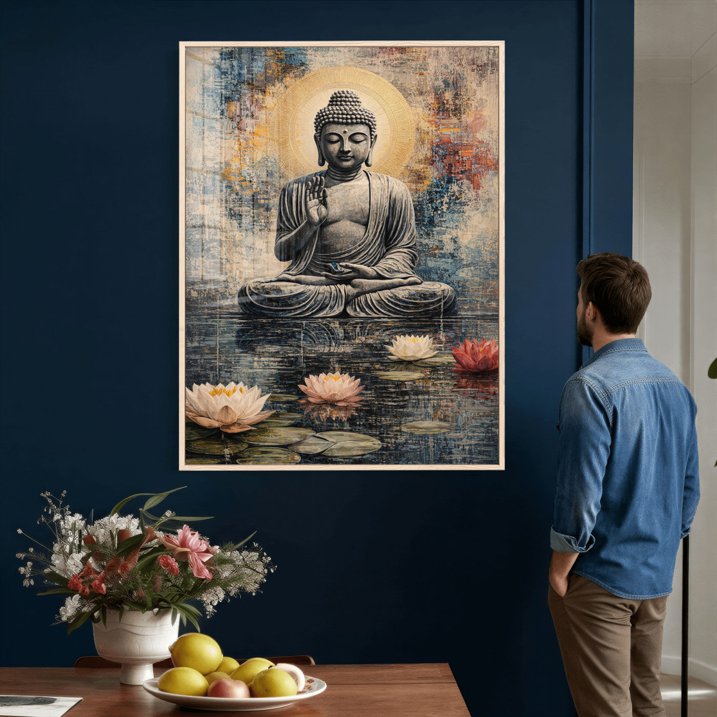 3812625445543-MGV-CV-24X36 - Serene Buddha with Lotus Flowers | Tranquil Meditation Art | Zen Wall Decor for Mindful Living Spaces | Spiritual Canvas Print