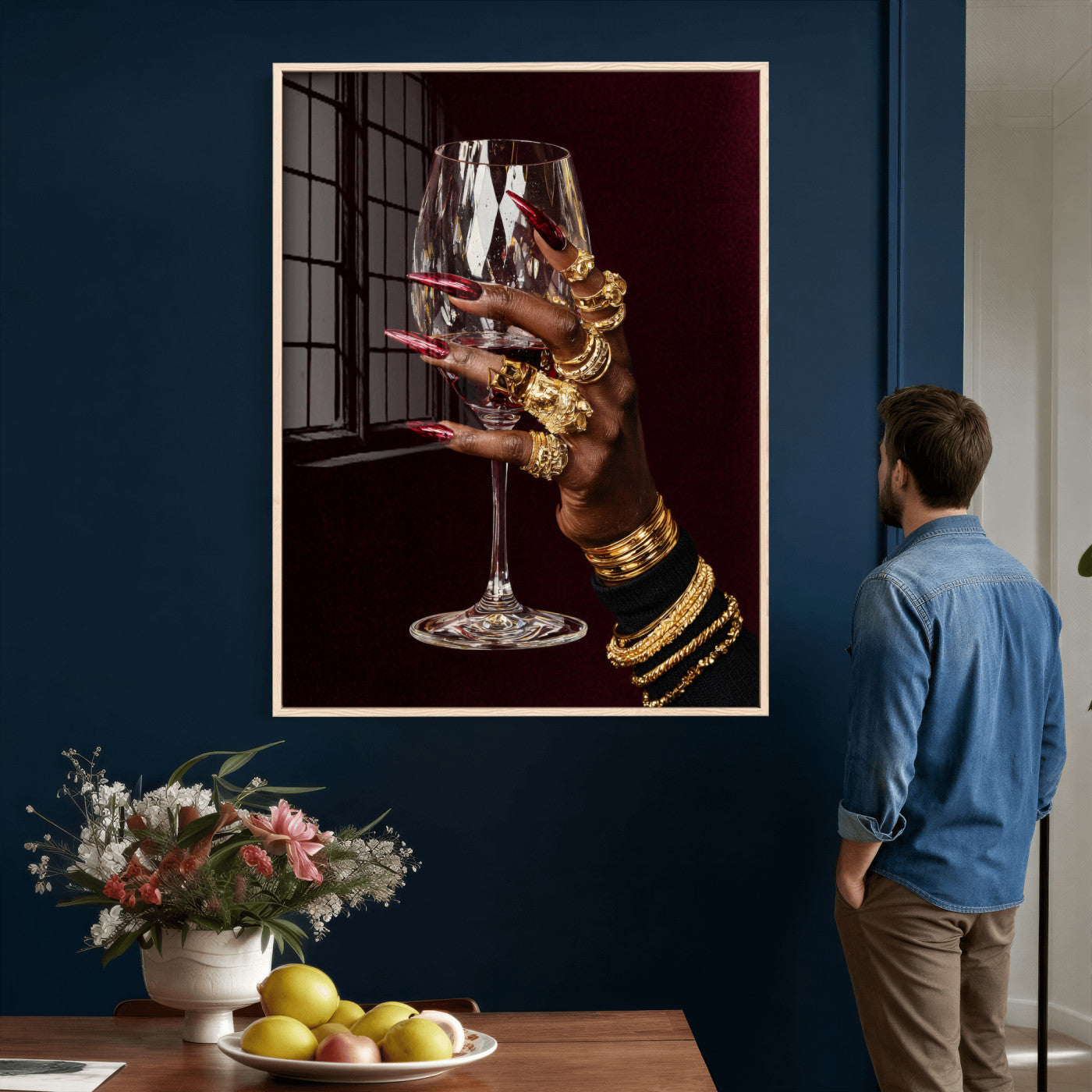 8151788Y6-MGV-CV-24X36 - Black Woman Holding Elegant Wine Glass Art, Black Girl Art, Black Woman Art, Trendy Black Girl Wall Art