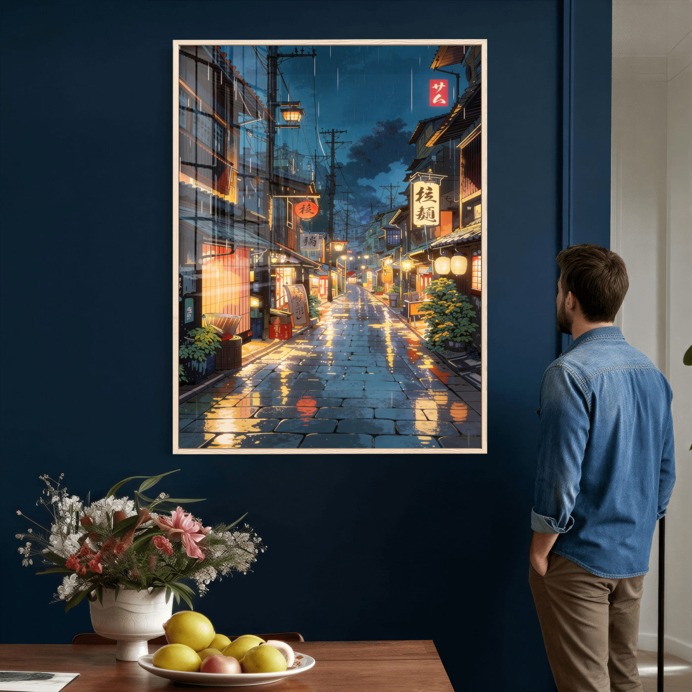4712069J1-MGV-CV-24X36 - Tokyo Tea House Canvas Wall Art — Japan Rainy Night Street Print | Anime Style Decor | Japanese Tea House Art | Tokyo City Gift
